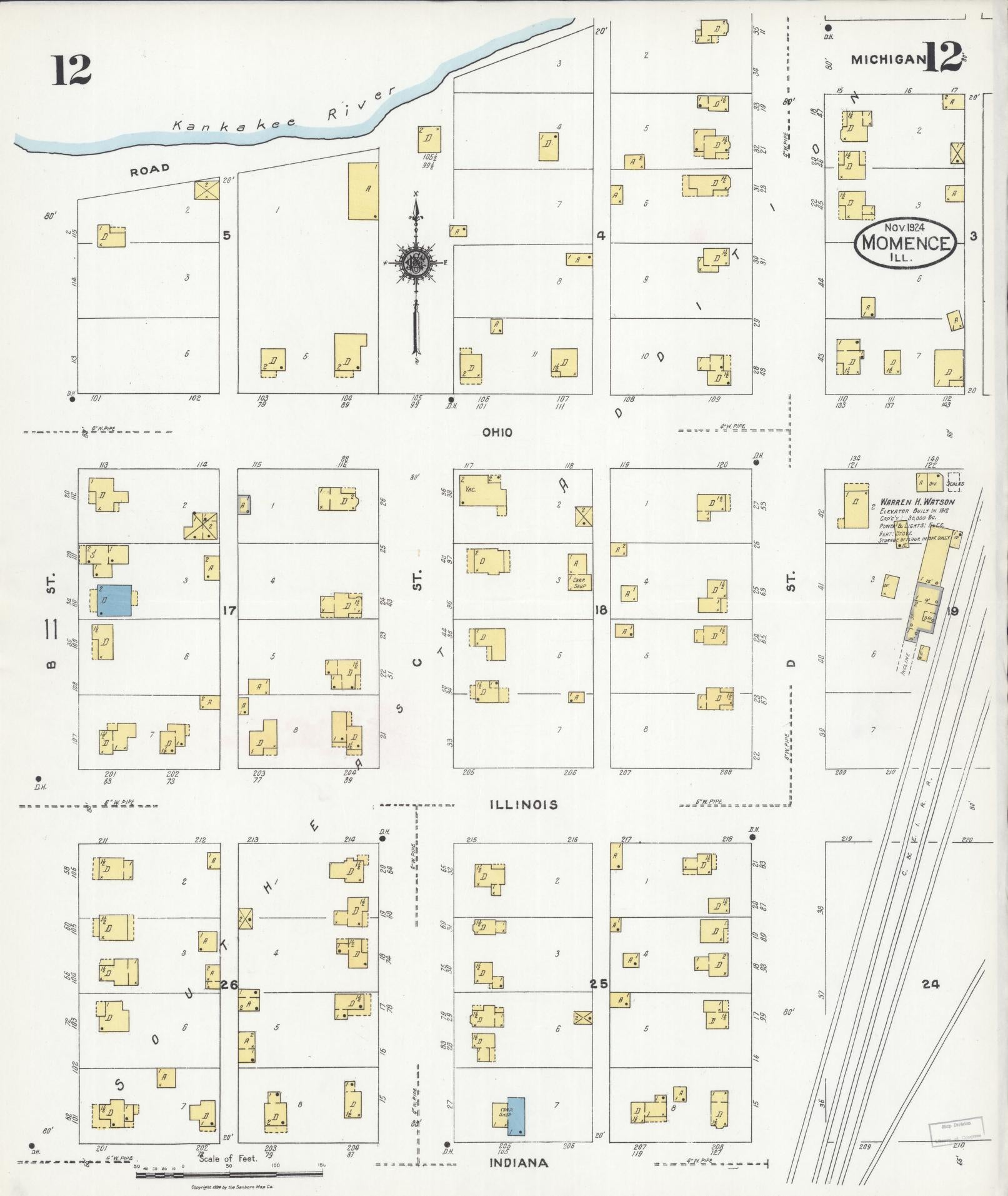 Sanborn Fire Insurance Map from Momence, Kankakee County, Illinois (1924), Sheet #0012 - Historic Sanborn Fire Insurance Map Print, vintage old map wall art, antique decor, genealogy gift, Illinois Illinois map