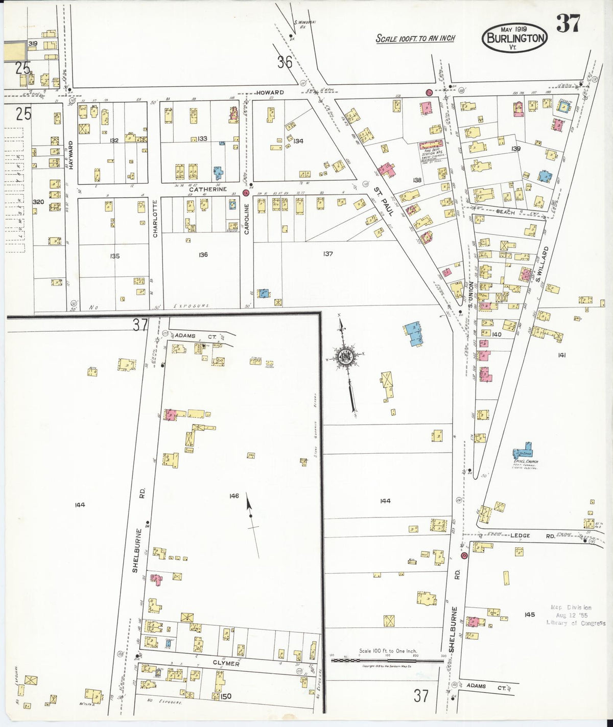 Sanborn Fire Insurance Map from Burlington, Chittenden County, Vermont (1919), Sheet #0037 - Historic Sanborn Fire Insurance Map Print, vintage old map wall art, antique decor, genealogy gift, Vermont Vermont map