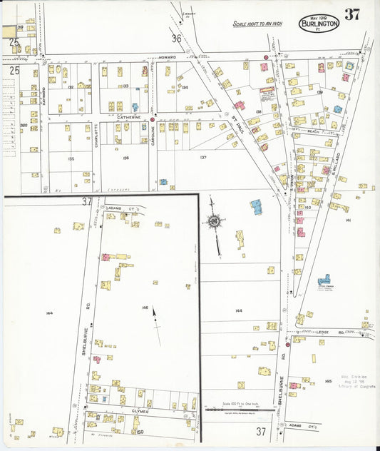 Sanborn Fire Insurance Map from Burlington, Chittenden County, Vermont (1919), Sheet #0037 - Historic Sanborn Fire Insurance Map Print, vintage old map wall art, antique decor, genealogy gift, Vermont Vermont map
