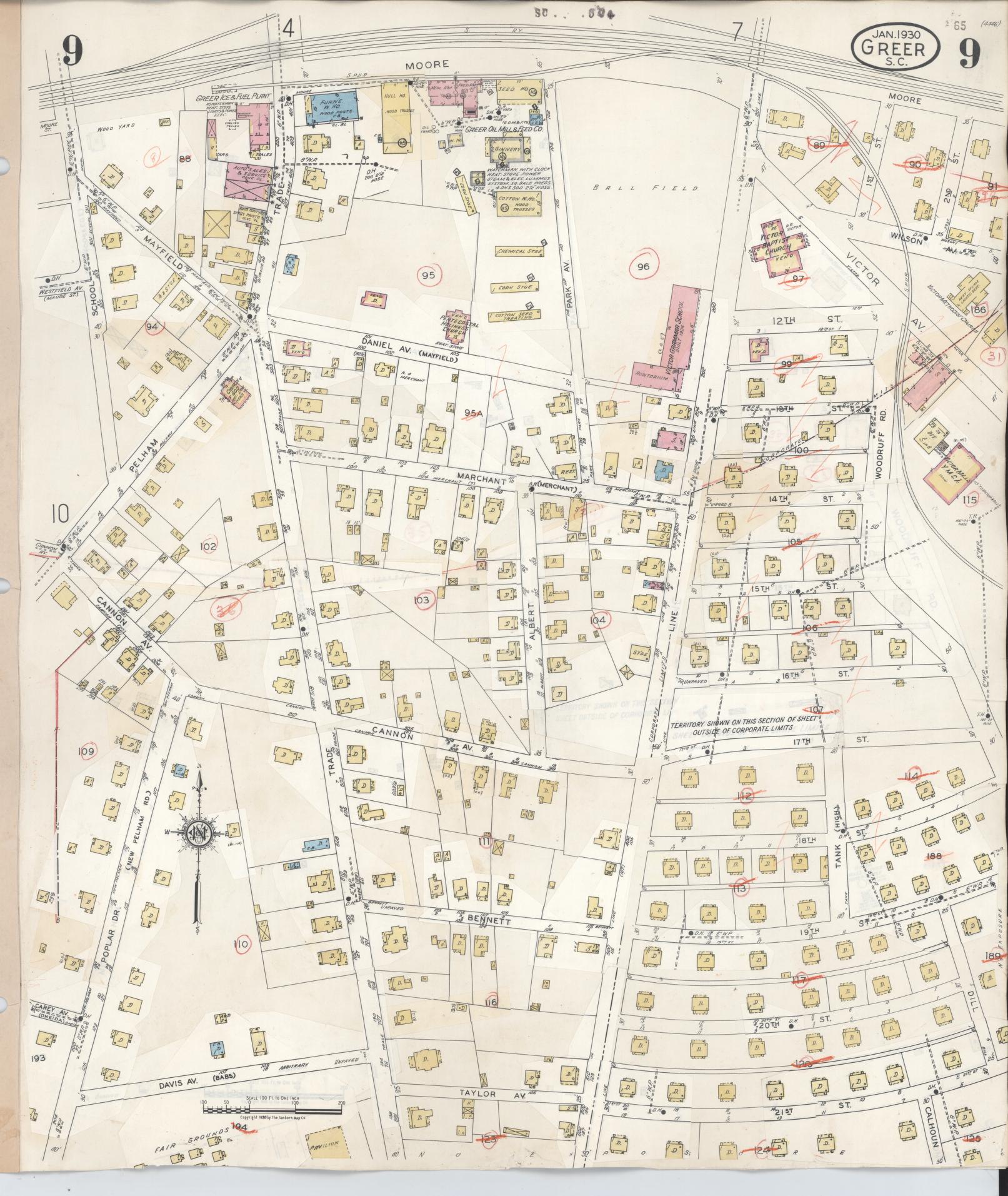 Sanborn Fire Insurance Map from Greer, Greenville and Spartanburg Counties, South Carolina (1951), Sheet #0009 - Historic Sanborn Fire Insurance Map Print, vintage old map wall art, antique decor, genealogy gift, South Carolina South Carolina map