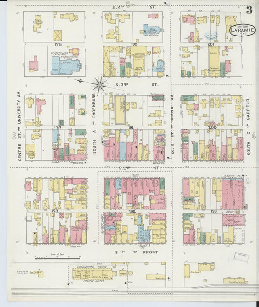 Sanborn Fire Insurance Map from Laramie, Albany County, Wyoming (1894), Sheet #0003 - Historic Sanborn Fire Insurance Map Print, vintage old map wall art, antique decor, genealogy gift, Wyoming Wyoming map