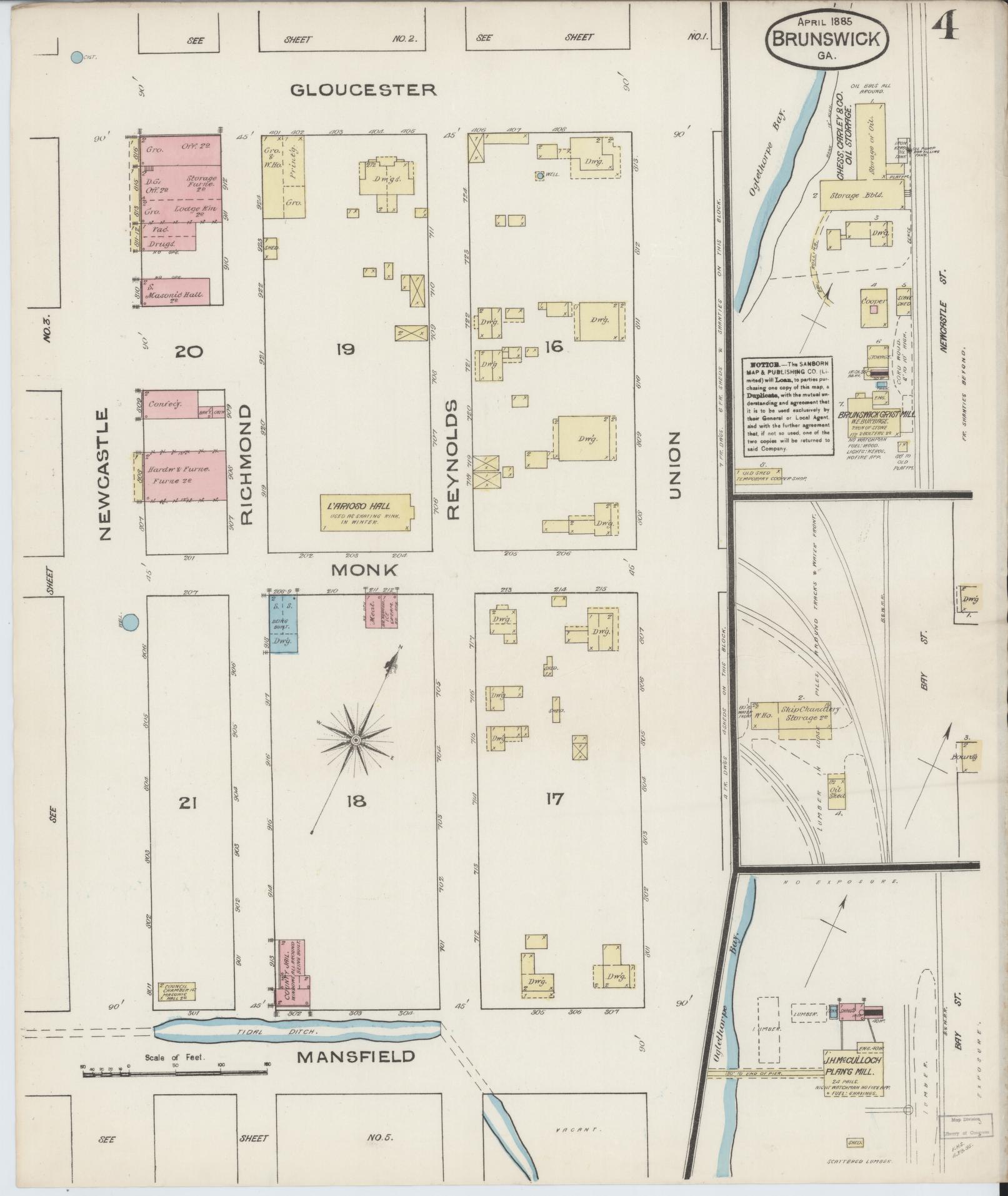 Sanborn Fire Insurance Map from Brunswick, Glynn County, Georgia (1885), Sheet #0004 - Historic Sanborn Fire Insurance Map Print, vintage old map wall art, antique decor, genealogy gift, Georgia Georgia map