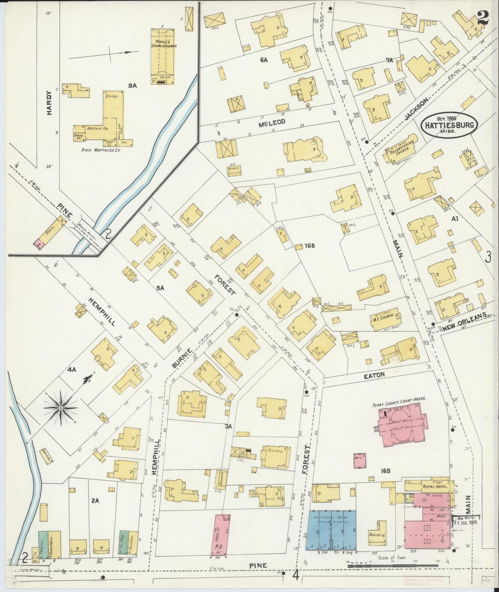 Sanborn Fire Insurance Map from Hattiesburg, Forrest County, Mississippi (1906), Sheet #0002 - Historic Sanborn Fire Insurance Map Print, vintage old map wall art, antique decor, genealogy gift, Mississippi Mississippi map