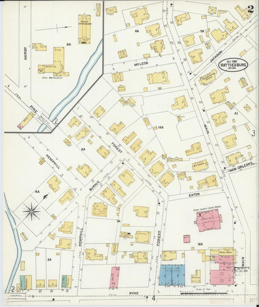 Sanborn Fire Insurance Map from Hattiesburg, Forrest County, Mississippi (1906), Sheet #0002 - Historic Sanborn Fire Insurance Map Print, vintage old map wall art, antique decor, genealogy gift, Mississippi Mississippi map