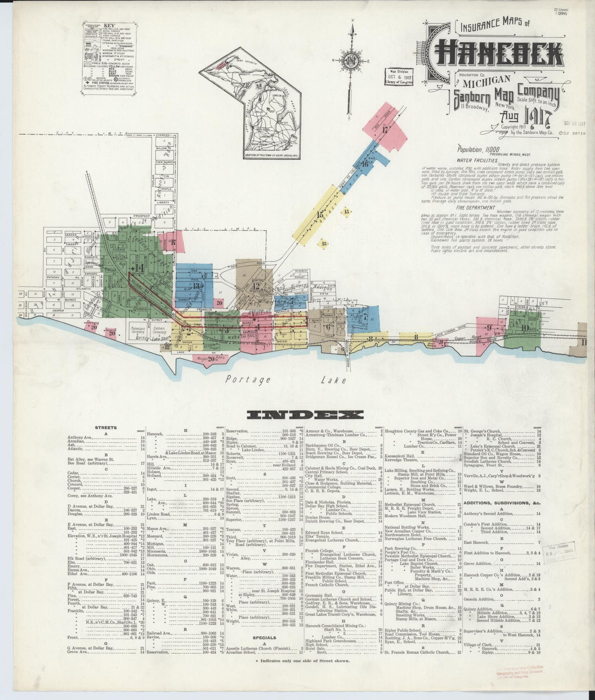 Sanborn Fire Insurance Map from Hancock, Houghton County, Michigan (1917), Sheet #0001 - Historic Sanborn Fire Insurance Map Print, vintage old map wall art, antique decor, genealogy gift, Michigan Michigan map