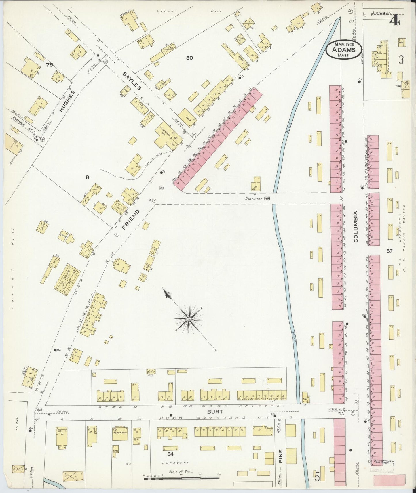 Sanborn Fire Insurance Map from Adams, Berkshire County, Massachusetts (1908), Sheet #0004 - Historic Sanborn Fire Insurance Map Print, vintage old map wall art, antique decor, genealogy gift, Massachusetts Massachusetts map