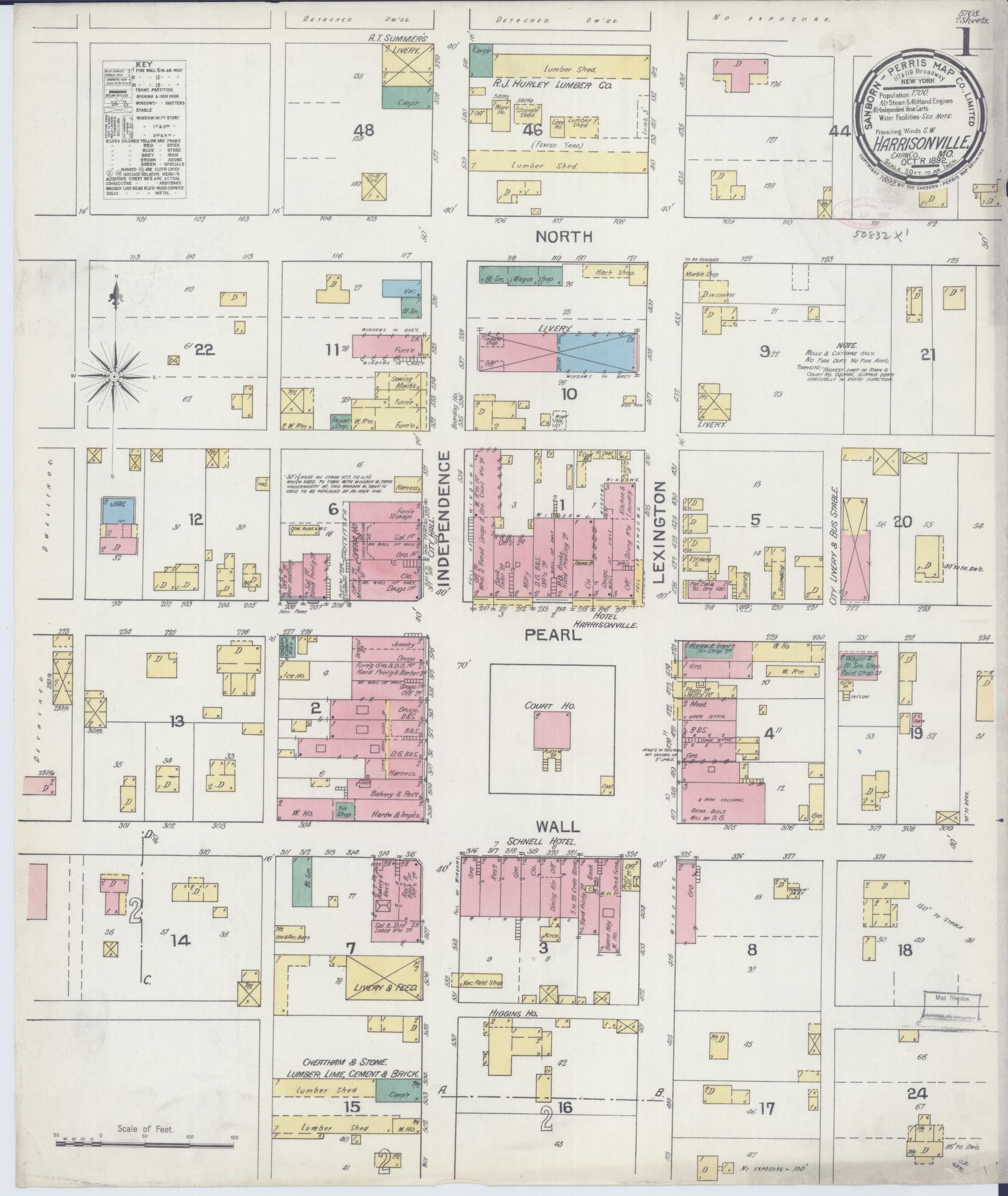 Sanborn Fire Insurance Map from Harrisonville, Cass County, Missouri (1892), Sheet #0001 - Complete Map Set gallery image, historic Sanborn map, vintage wall art, Missouri Missouri