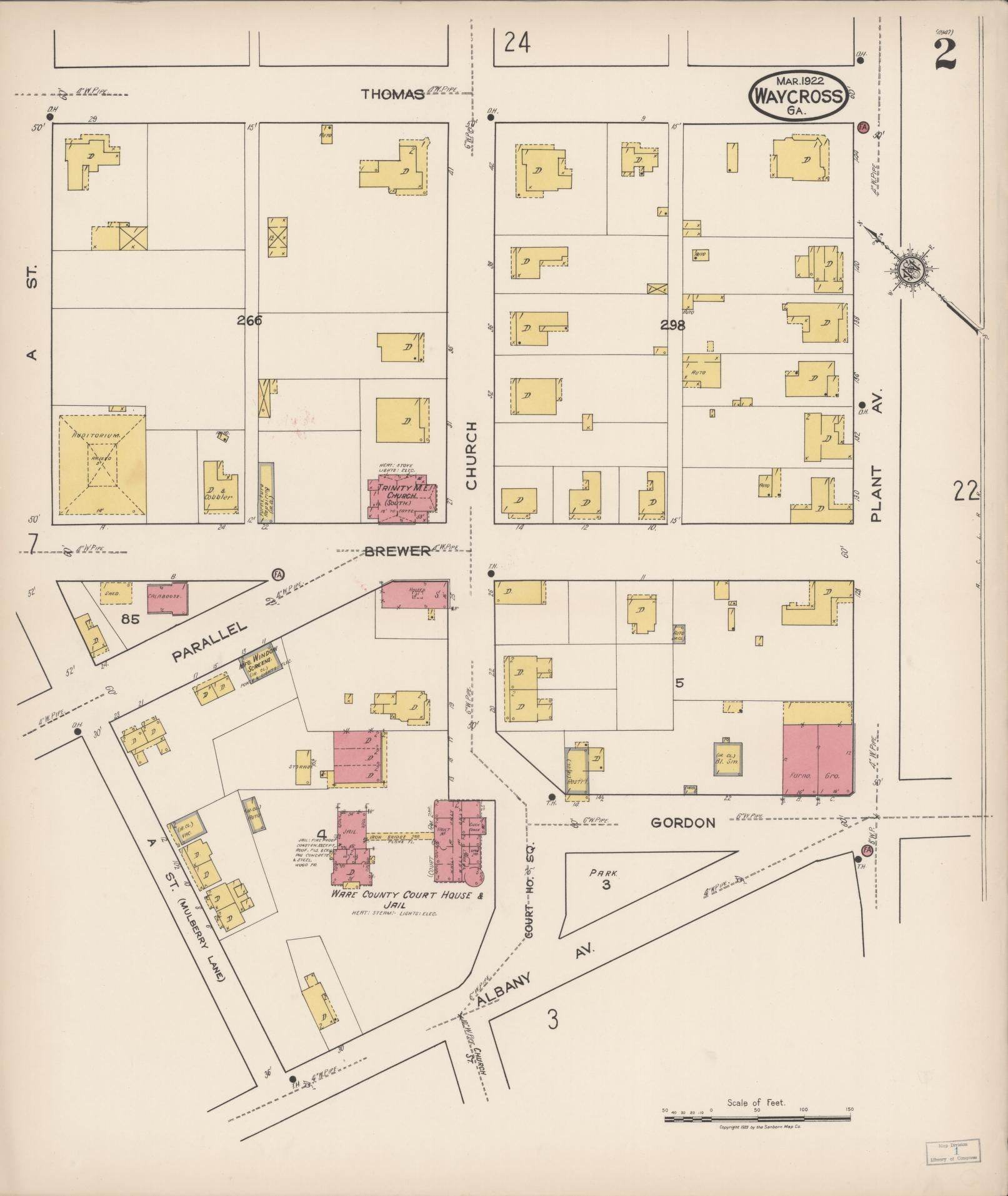 Sanborn Fire Insurance Map from Waycross, Ware County, Georgia (1922), Sheet #0002 - Historic Sanborn Fire Insurance Map Print, vintage old map wall art, antique decor, genealogy gift, Georgia Georgia map