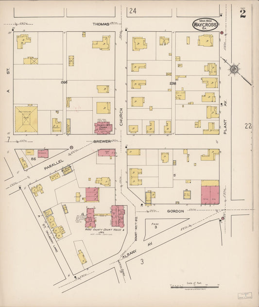 Sanborn Fire Insurance Map from Waycross, Ware County, Georgia (1922), Sheet #0002 - Historic Sanborn Fire Insurance Map Print, vintage old map wall art, antique decor, genealogy gift, Georgia Georgia map