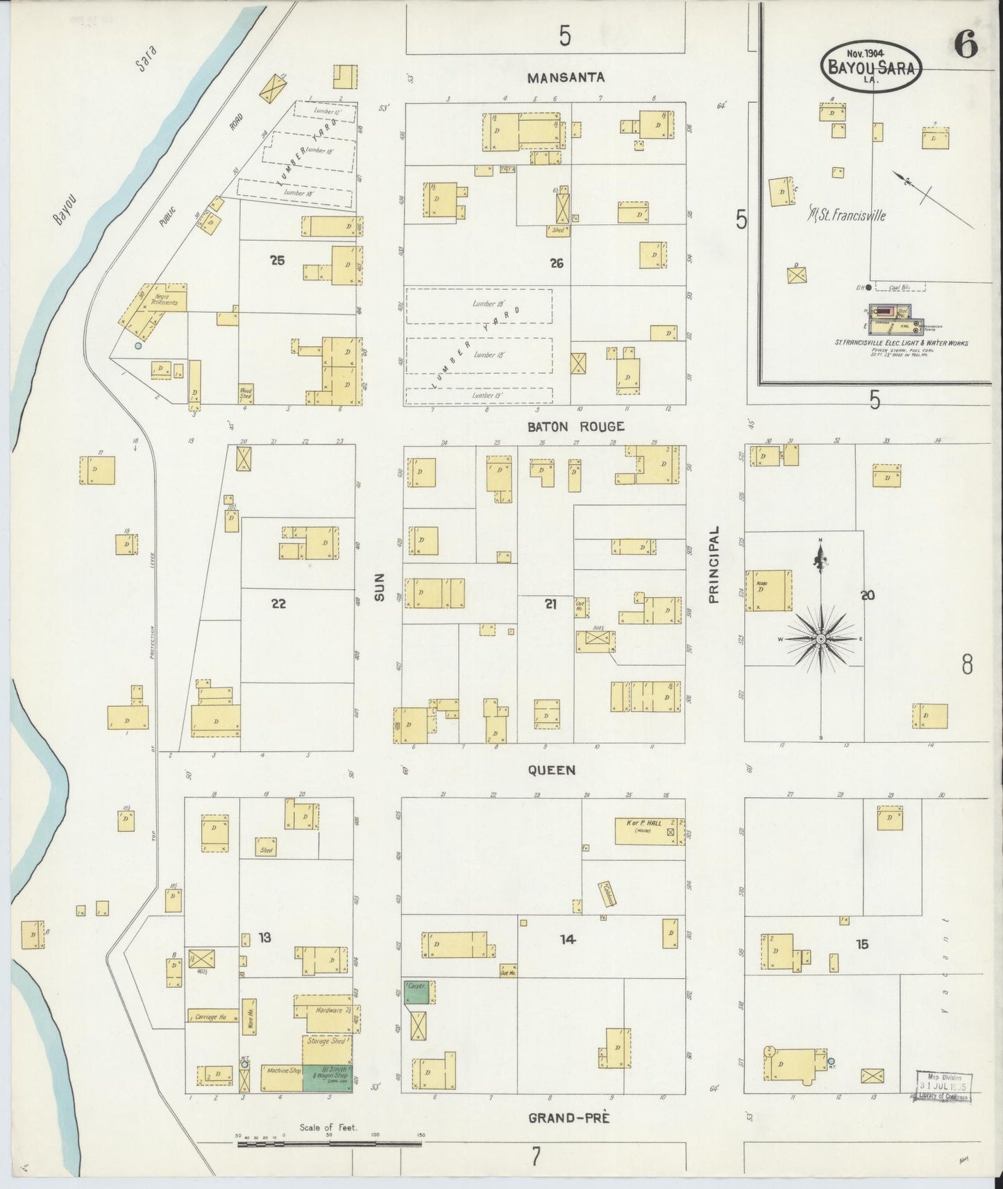 Sanborn Fire Insurance Map from Bayou Sara, West Feliciana Parish, Louisiana (1904), Sheet #0006 - Complete Map Set gallery image, historic Sanborn map, vintage wall art, Louisiana Louisiana