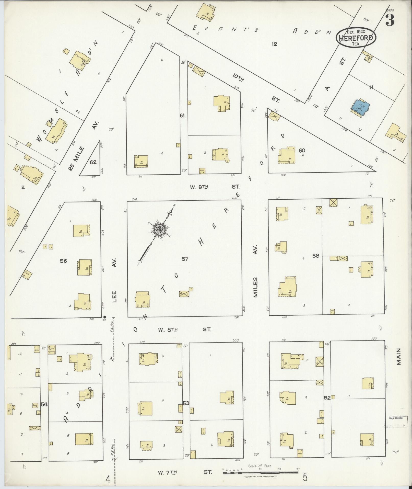 Sanborn Fire Insurance Map from Hereford, Deaf Smith County, Texas (1920), Sheet #0003 - Complete Map Set gallery image, historic Sanborn map, vintage wall art, Texas Texas