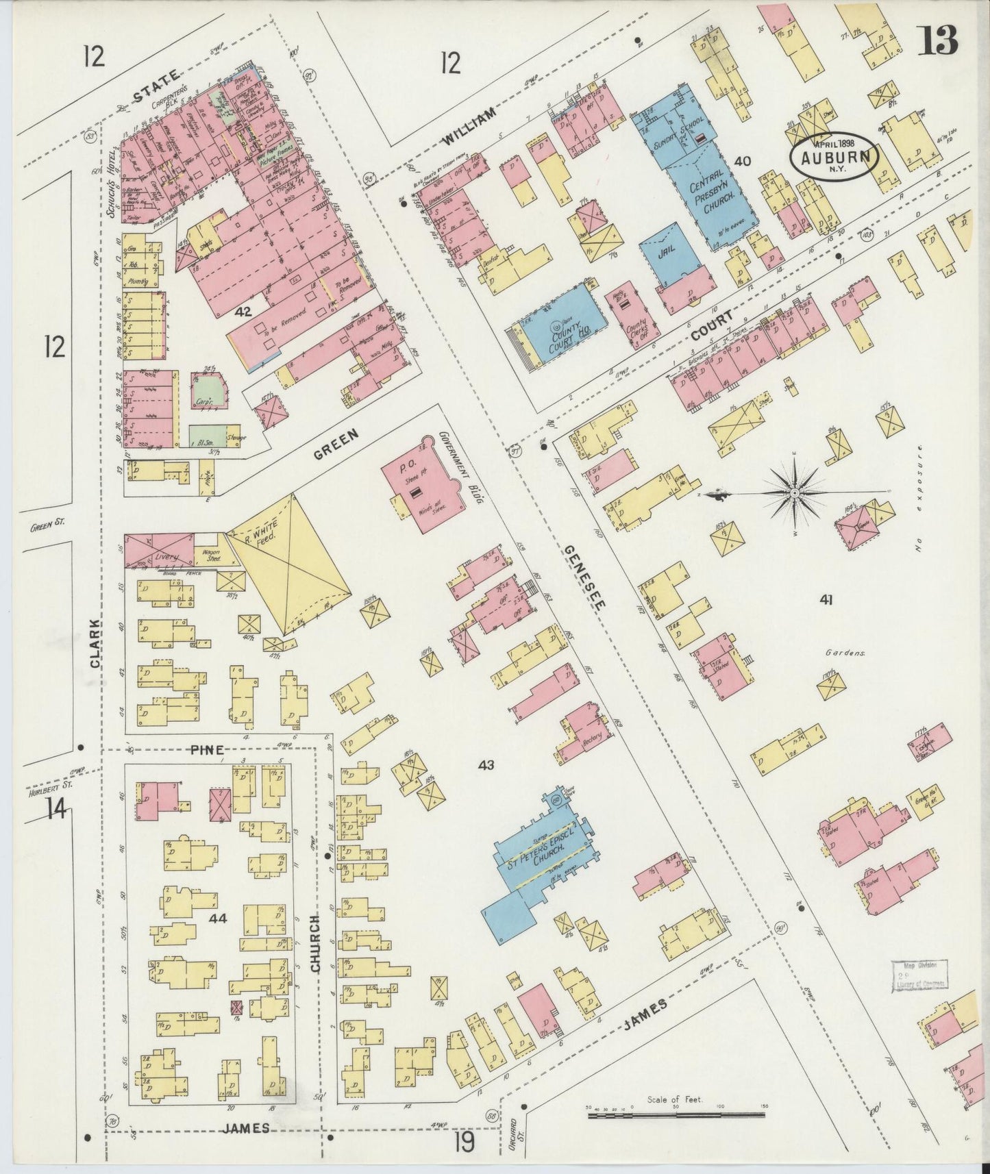 Sanborn Fire Insurance Map from Auburn, Cayuga County, New York (1898), Sheet #0013 - Historic Sanborn Fire Insurance Map Print, vintage old map wall art, antique decor, genealogy gift, New York New York map
