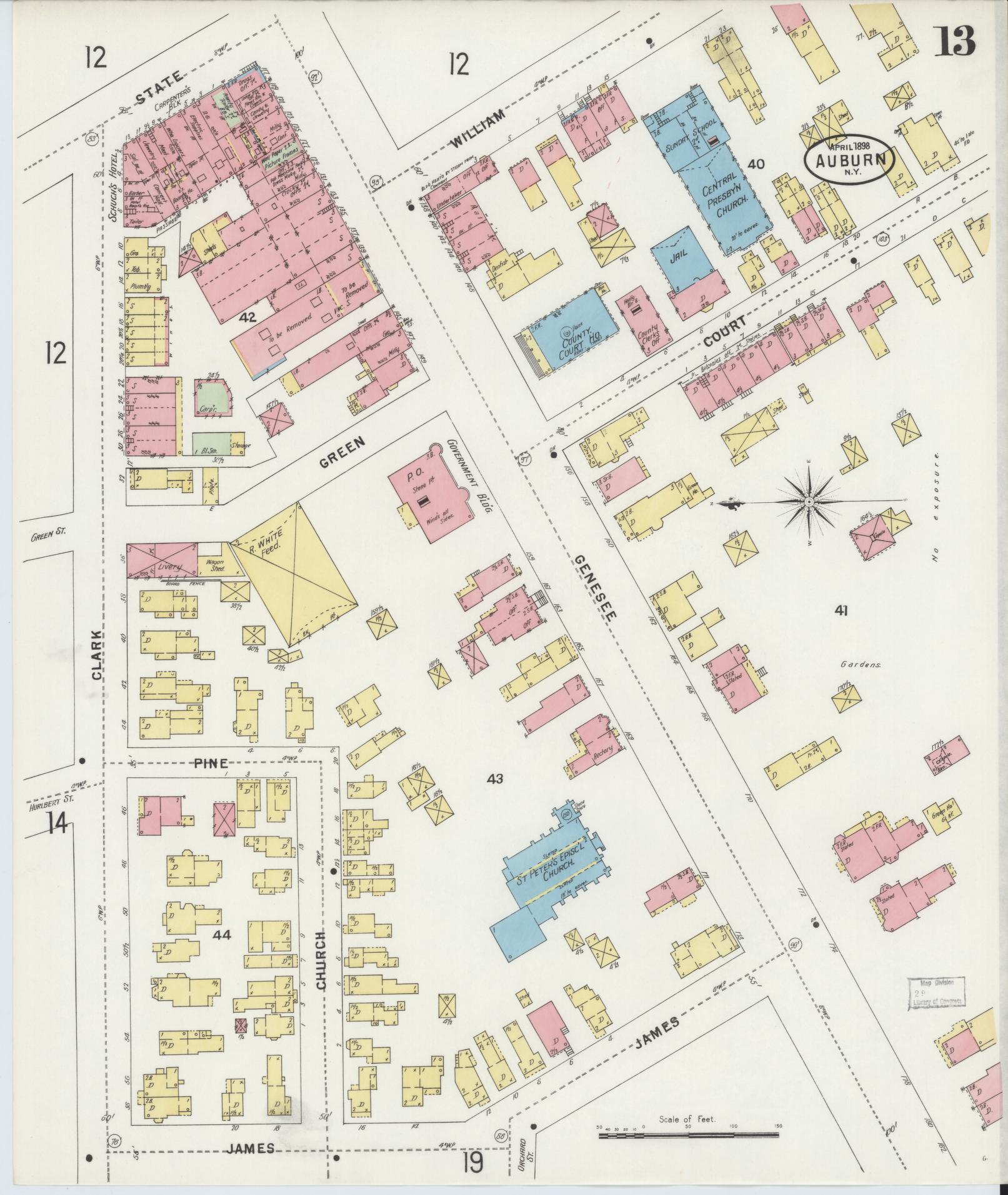 Sanborn Fire Insurance Map from Auburn, Cayuga County, New York (1898), Sheet #0013 - Historic Sanborn Fire Insurance Map Print, vintage old map wall art, antique decor, genealogy gift, New York New York map