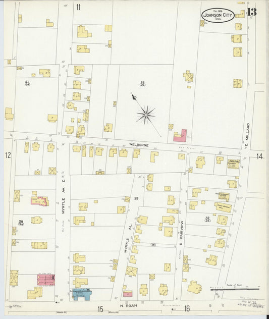 Sanborn Fire Insurance Map from Johnson City, Washington County, Tennessee (1908), Sheet #0013 - Historic Sanborn Fire Insurance Map Print, vintage old map wall art, antique decor, genealogy gift, Tennessee Tennessee map