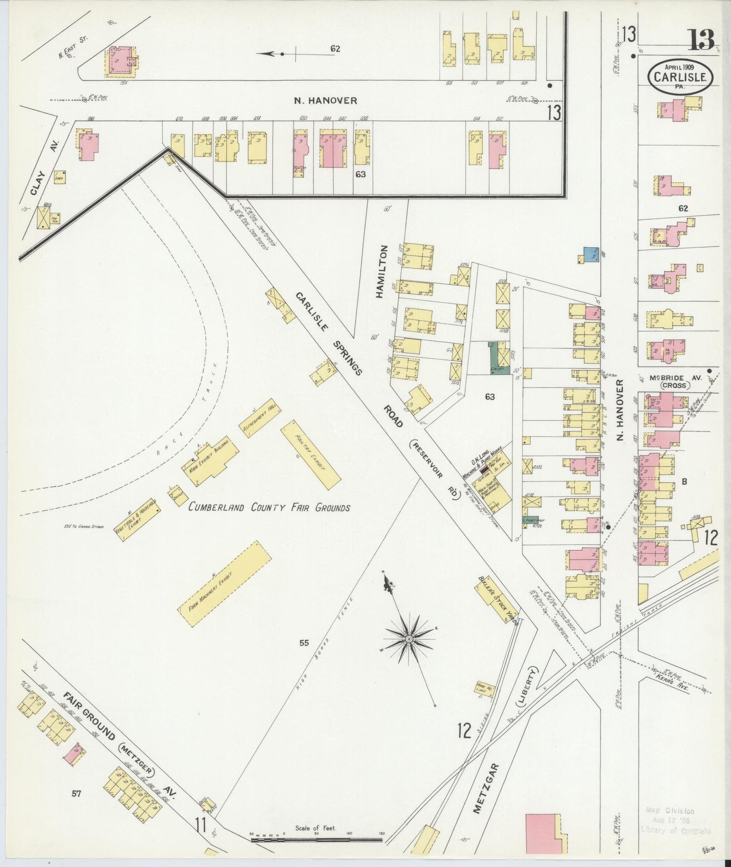 Sanborn Fire Insurance Map from Carlisle, Cumberland County, Pennsylvania (1909), Sheet #0013 - Historic Sanborn Fire Insurance Map Print, vintage old map wall art, antique decor, genealogy gift, Pennsylvania Pennsylvania map