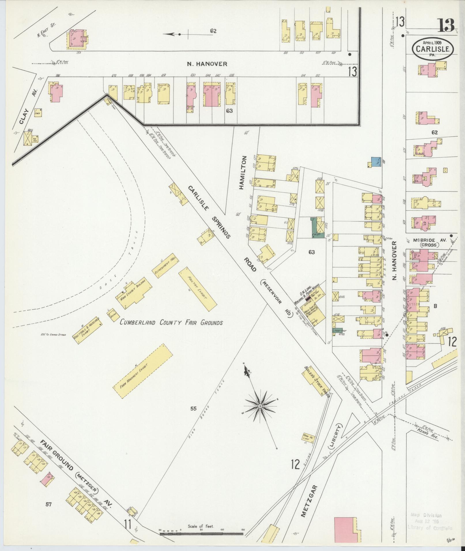 Sanborn Fire Insurance Map from Carlisle, Cumberland County, Pennsylvania (1909), Sheet #0013 - Historic Sanborn Fire Insurance Map Print, vintage old map wall art, antique decor, genealogy gift, Pennsylvania Pennsylvania map