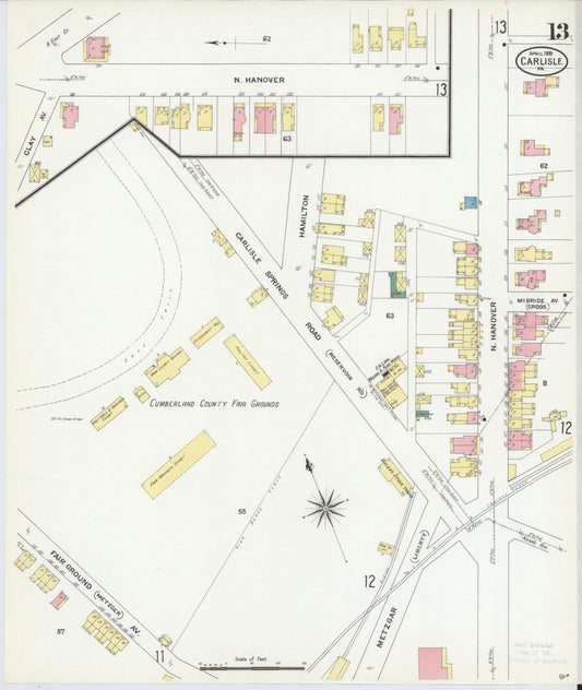 Sanborn Fire Insurance Map from Carlisle, Cumberland County, Pennsylvania (1909), Sheet #0013 - Historic Sanborn Fire Insurance Map Print, vintage old map wall art, antique decor, genealogy gift, Pennsylvania Pennsylvania map