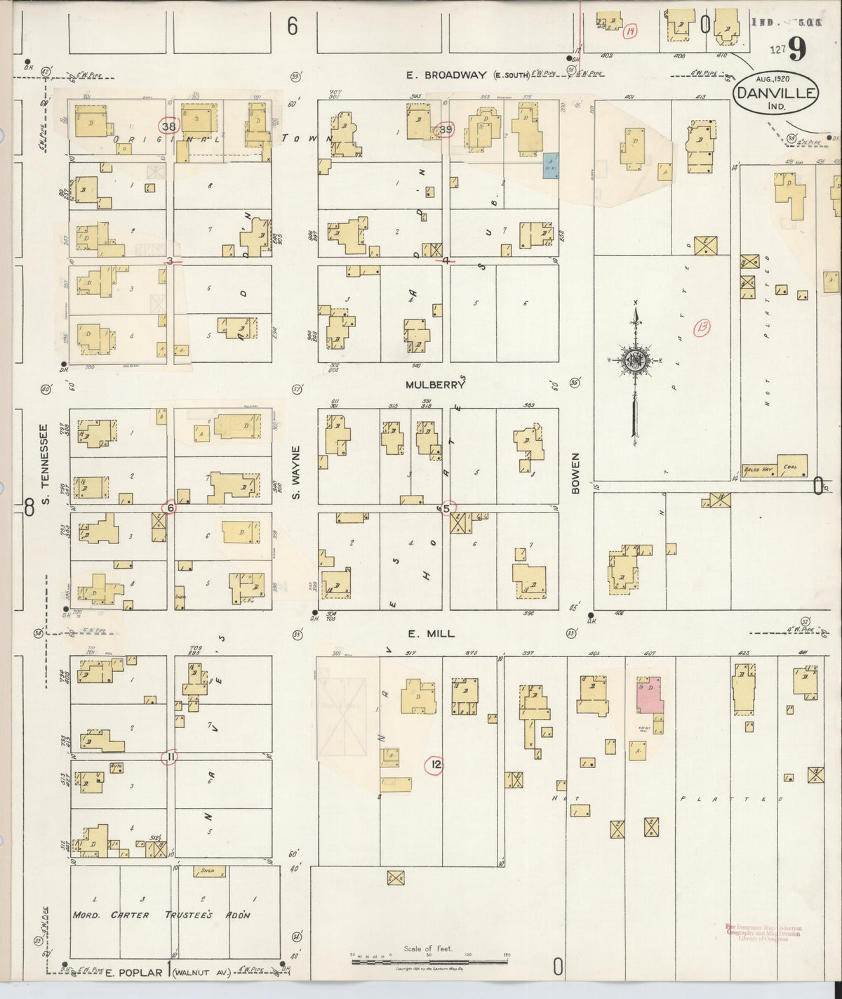 Sanborn Fire Insurance Map from Danville, Hendricks County, Indiana (1932), Sheet #0009 - Historic Sanborn Fire Insurance Map Print, vintage old map wall art, antique decor, genealogy gift, Indiana Indiana map