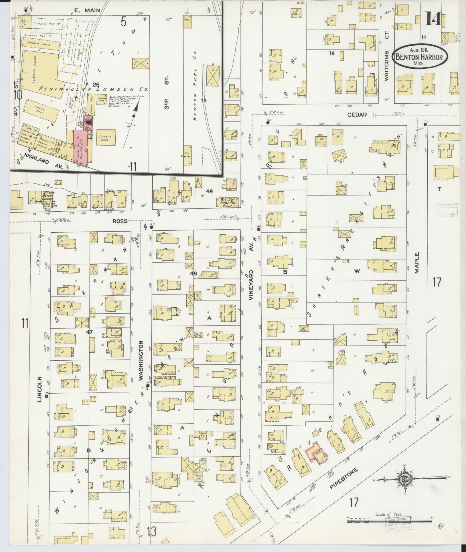 Sanborn Fire Insurance Map from Benton Harbor, Berrien County, Michigan (1911), Sheet #0014 - Historic Sanborn Fire Insurance Map Print, vintage old map wall art, antique decor, genealogy gift, Michigan Michigan map