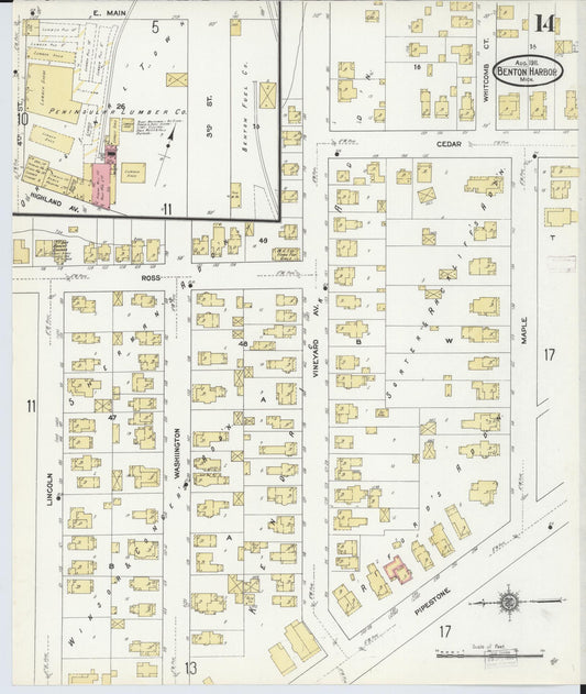 Sanborn Fire Insurance Map from Benton Harbor, Berrien County, Michigan (1911), Sheet #0014 - Historic Sanborn Fire Insurance Map Print, vintage old map wall art, antique decor, genealogy gift, Michigan Michigan map