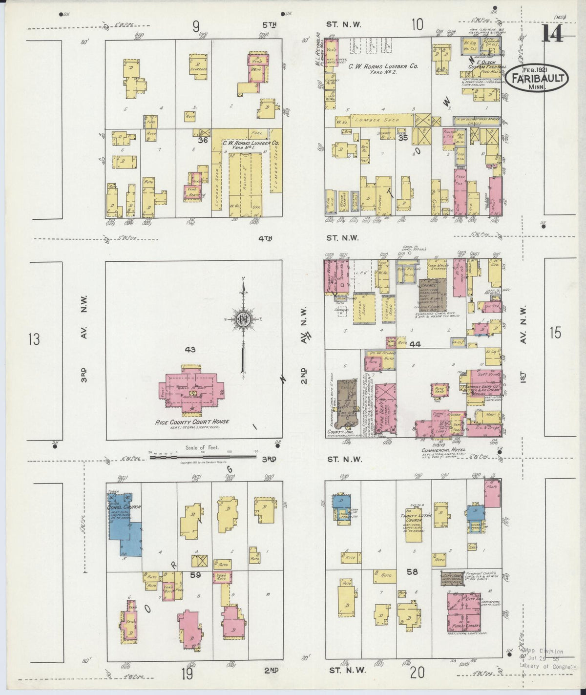 Sanborn Fire Insurance Map from Faribault, Rice County, Minnesota (1921), Sheet #0014 - Complete Map Set gallery image, historic Sanborn map, vintage wall art, Minnesota Minnesota
