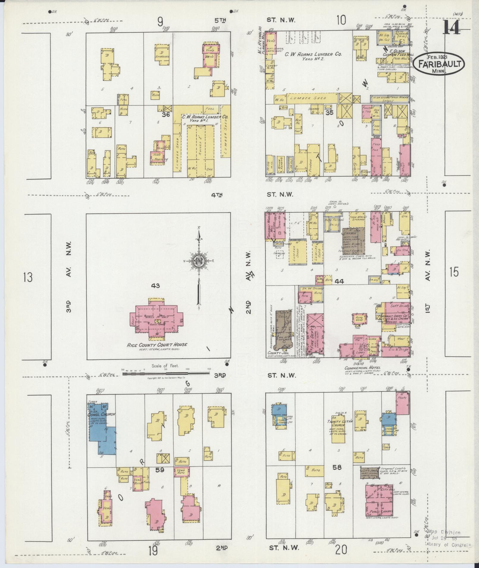 Sanborn Fire Insurance Map from Faribault, Rice County, Minnesota (1921), Sheet #0014 - Complete Map Set gallery image, historic Sanborn map, vintage wall art, Minnesota Minnesota