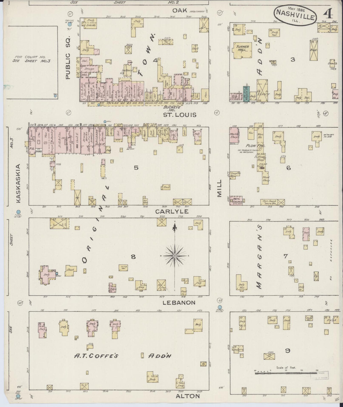 Sanborn Fire Insurance Map from Nashville, Washington County, Illinois (1886), Sheet #0004 - Historic Sanborn Fire Insurance Map Print, vintage old map wall art, antique decor, genealogy gift, Illinois Illinois map
