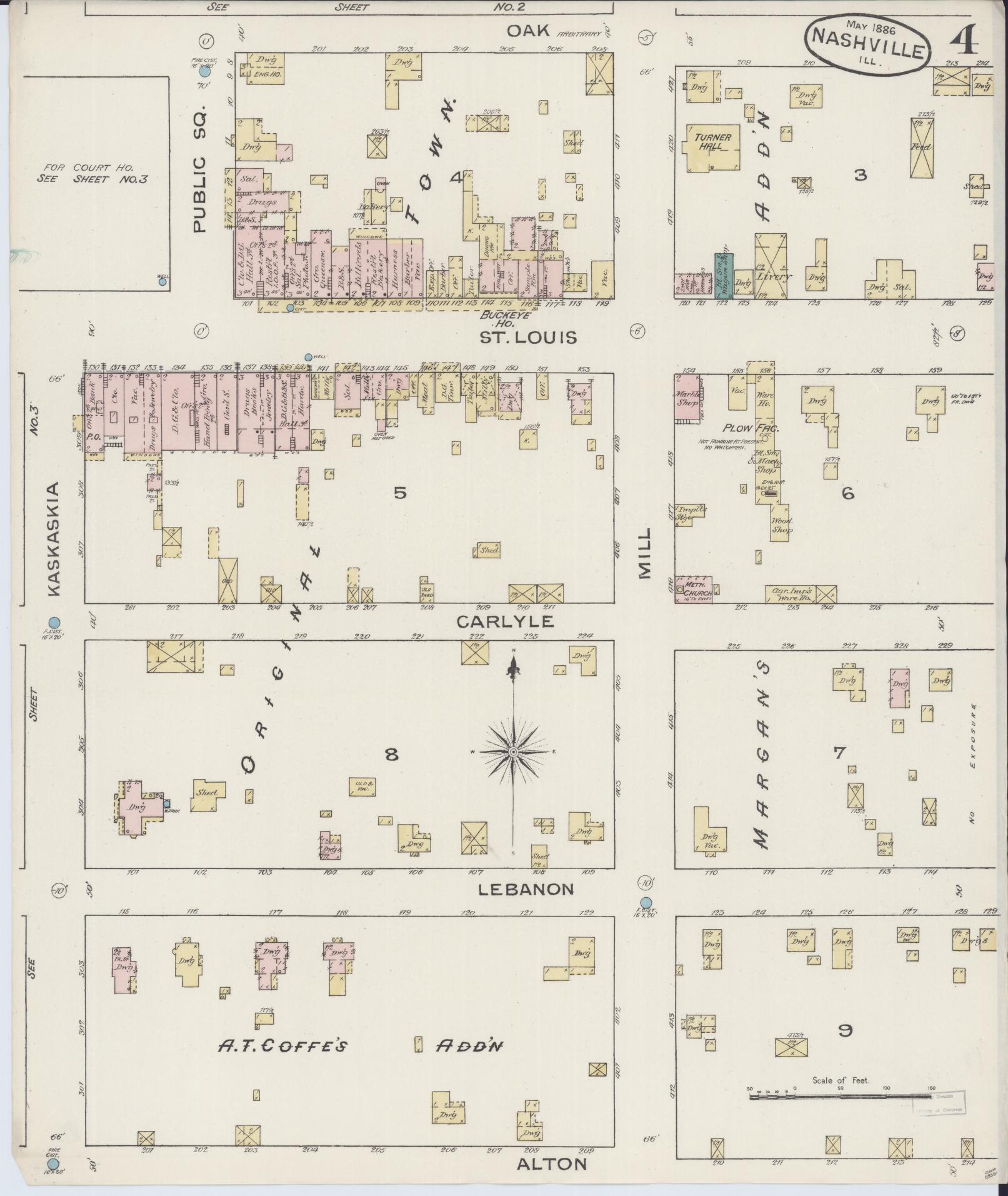 Sanborn Fire Insurance Map from Nashville, Washington County, Illinois (1886), Sheet #0004 - Historic Sanborn Fire Insurance Map Print, vintage old map wall art, antique decor, genealogy gift, Illinois Illinois map