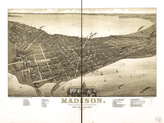 Madison, State capital of Wisconsin, county seat of Dane County 1885. (1885) – Historic Bird’s-Eye View Panorama Print