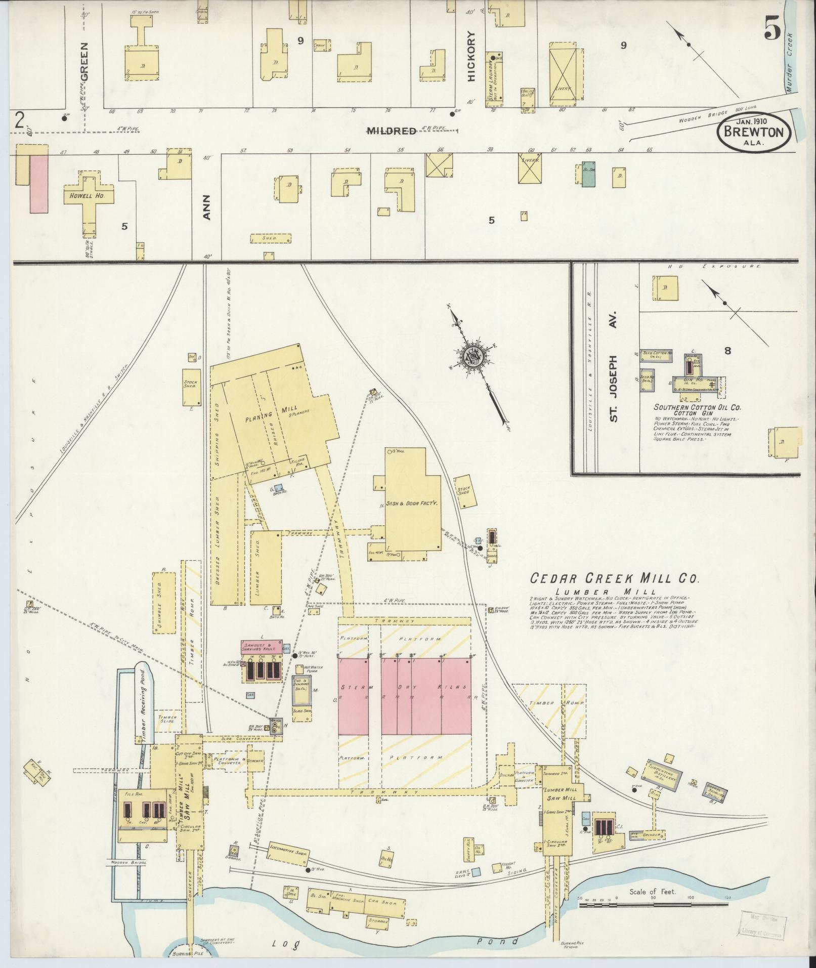 Sanborn Fire Insurance Map from Brewton, Escambia County, Alabama (1910), Sheet #0005 - Historic Sanborn Fire Insurance Map Print, vintage old map wall art, antique decor, genealogy gift, Alabama Alabama map