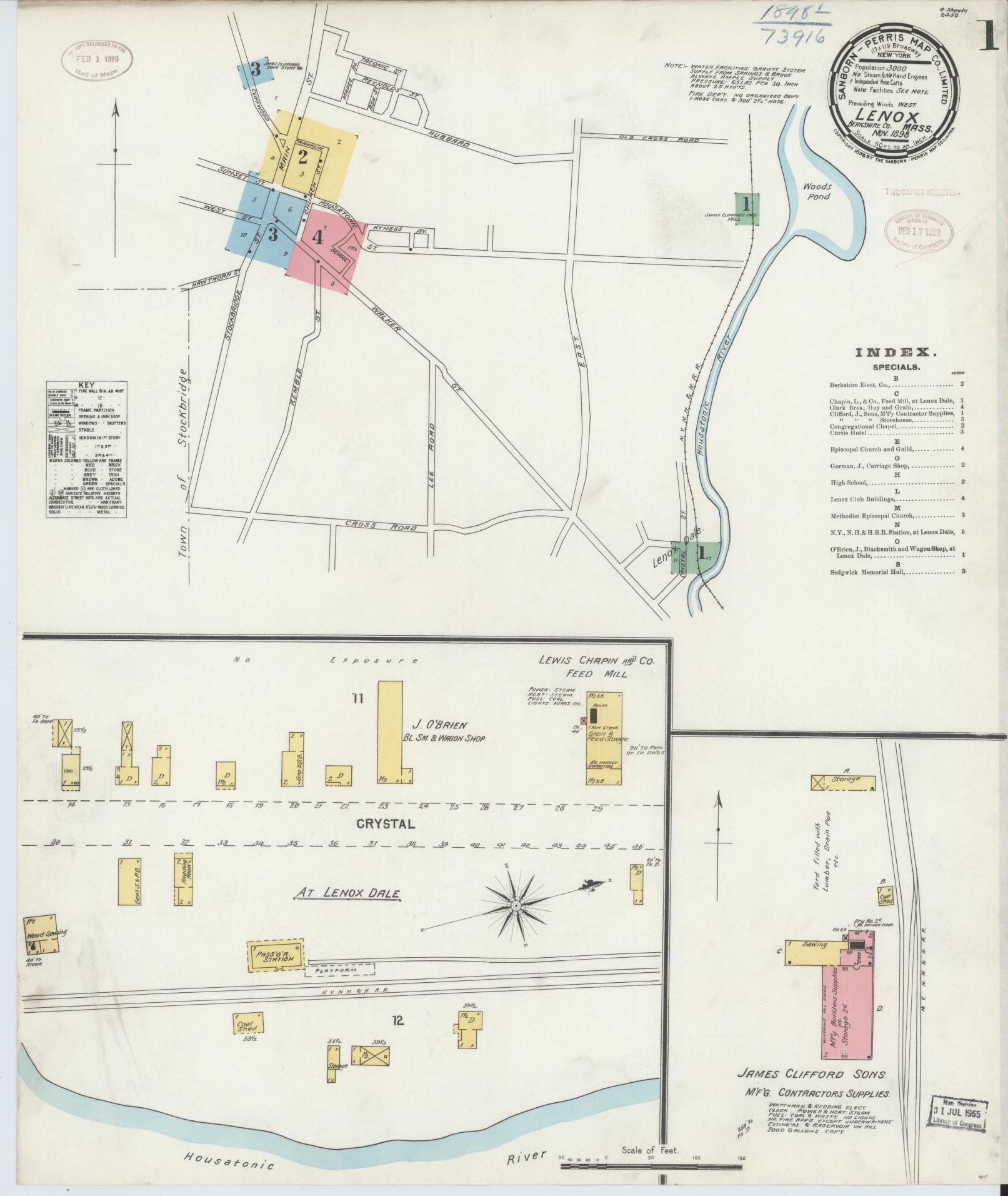 Sanborn Fire Insurance Map from Lenox, Berkshire County, Massachusetts (1898), Sheet #0001 - Historic Sanborn Fire Insurance Map Print, vintage old map wall art, antique decor, genealogy gift, Massachusetts Massachusetts map