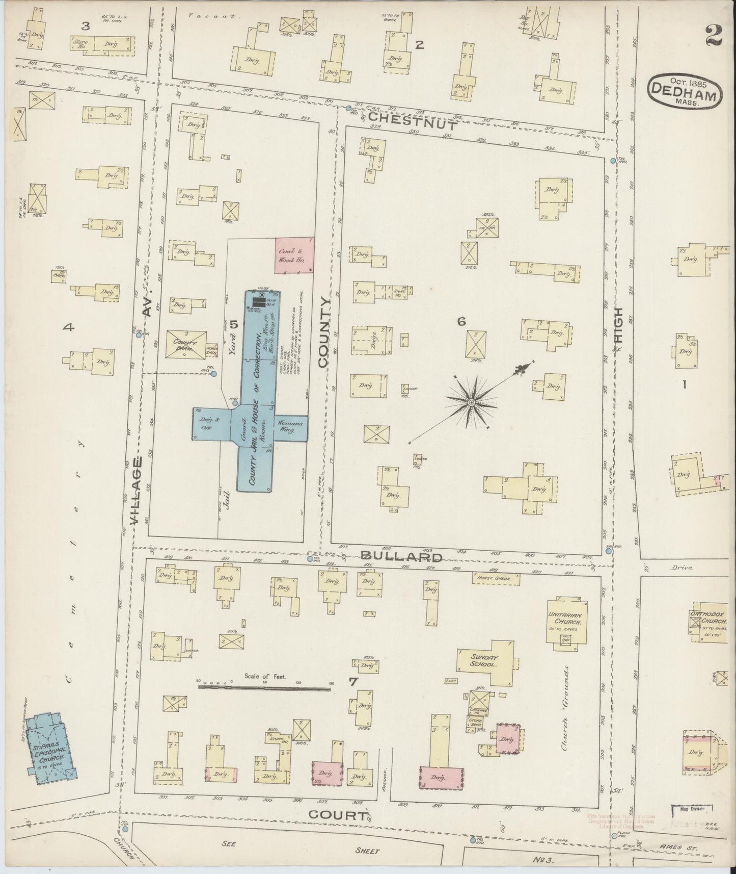 Sanborn Fire Insurance Map from Dedham, Norfolk County, Massachusetts (1885), Sheet #0002 - Complete Map Set gallery image, historic Sanborn map, vintage wall art, Massachusetts Massachusetts