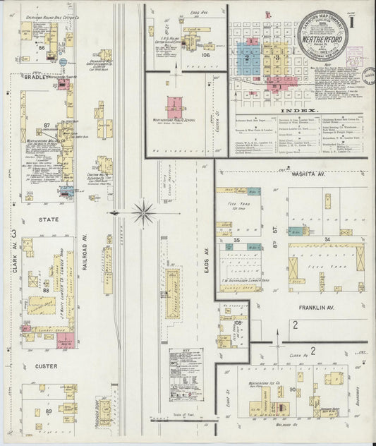 Sanborn Fire Insurance Map from Weatherford, Custer County, Oklahoma (1902), Sheet #0001 - Historic Sanborn Fire Insurance Map Print, vintage old map wall art, antique decor, genealogy gift, Oklahoma Oklahoma map