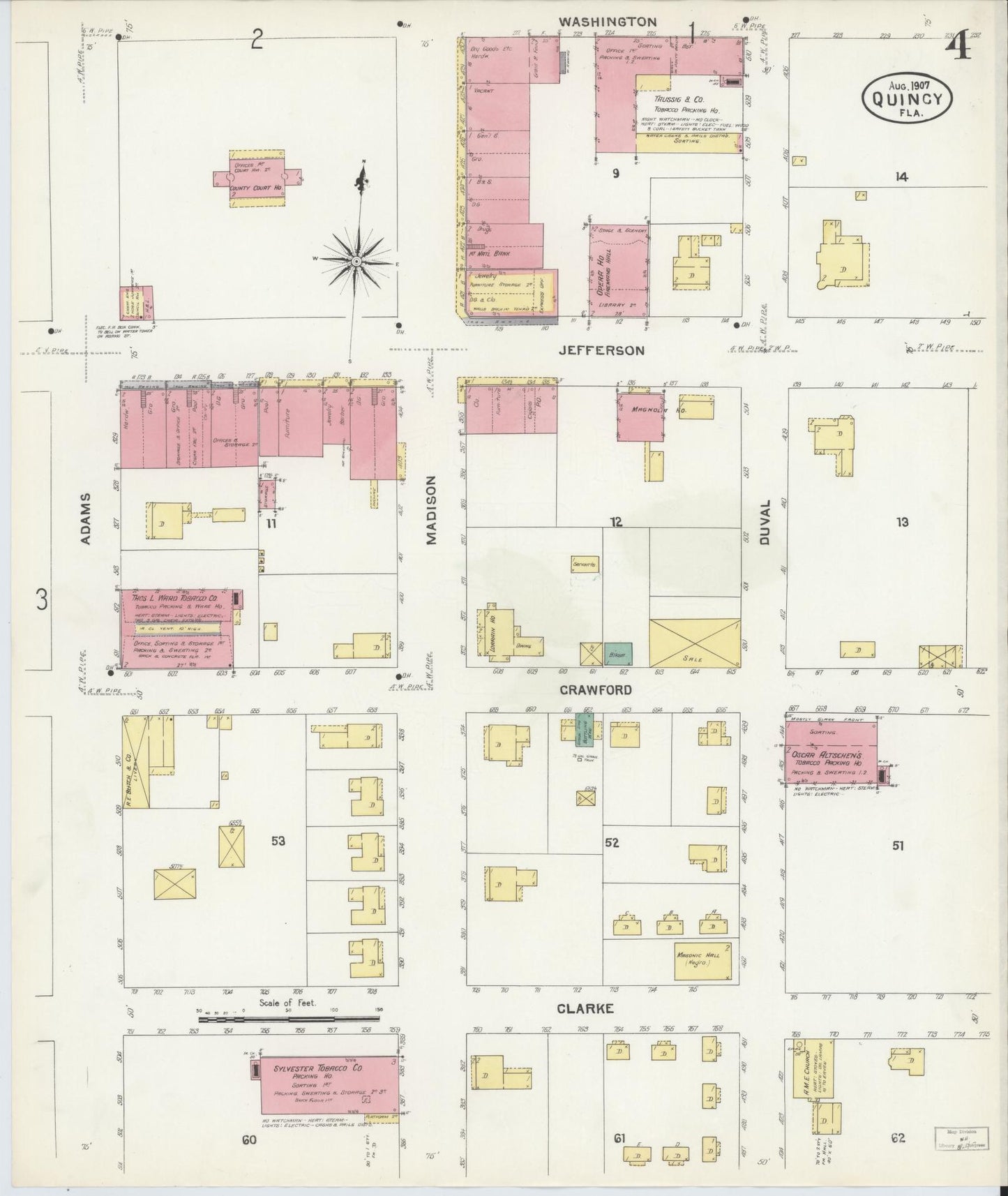 Sanborn Fire Insurance Map from Quincy, Gadsden County, Florida (1907), Sheet #0004 - Complete Map Set gallery image, historic Sanborn map, vintage wall art, Florida Florida