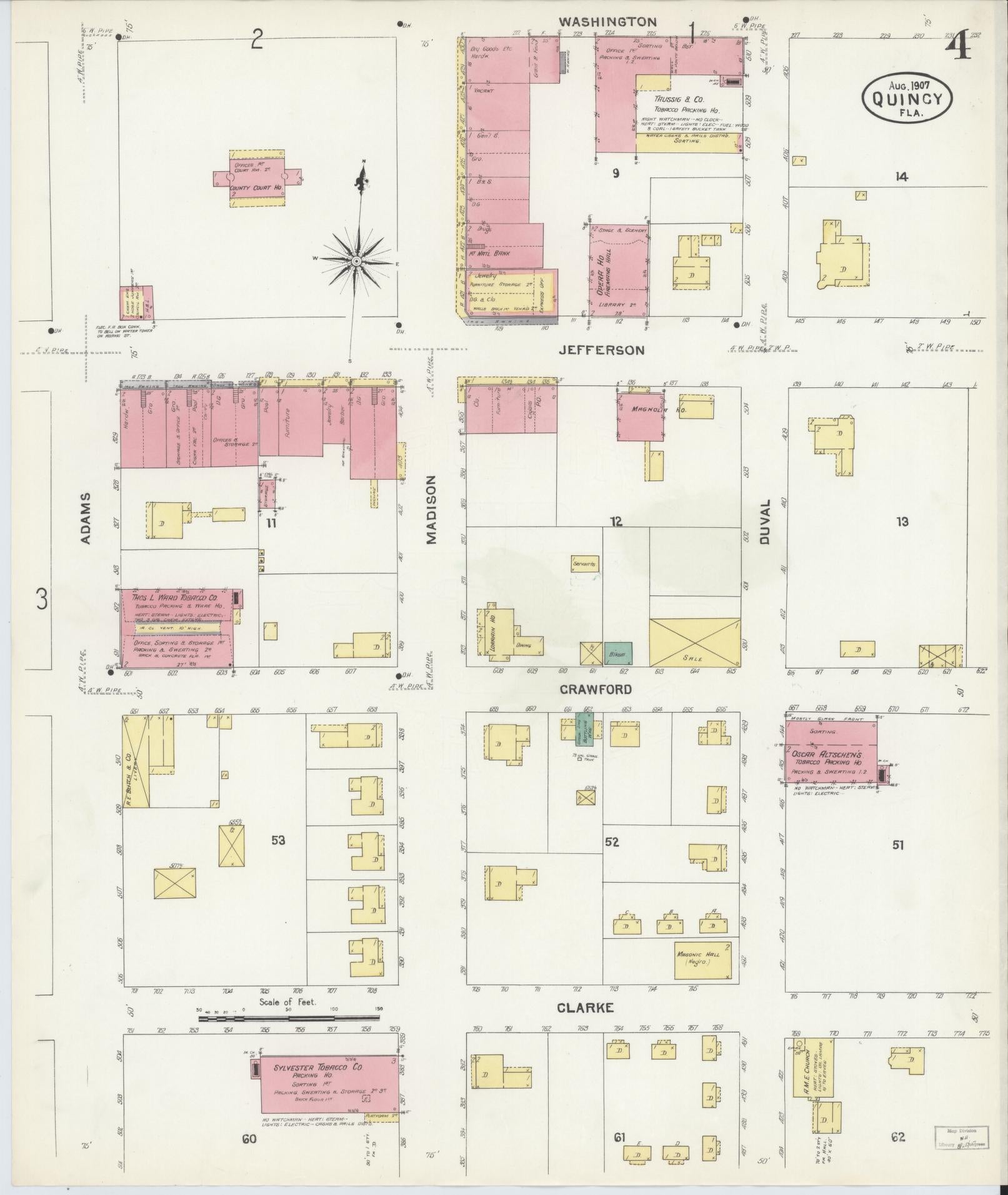 Sanborn Fire Insurance Map from Quincy, Gadsden County, Florida (1907), Sheet #0004 - Complete Map Set gallery image, historic Sanborn map, vintage wall art, Florida Florida