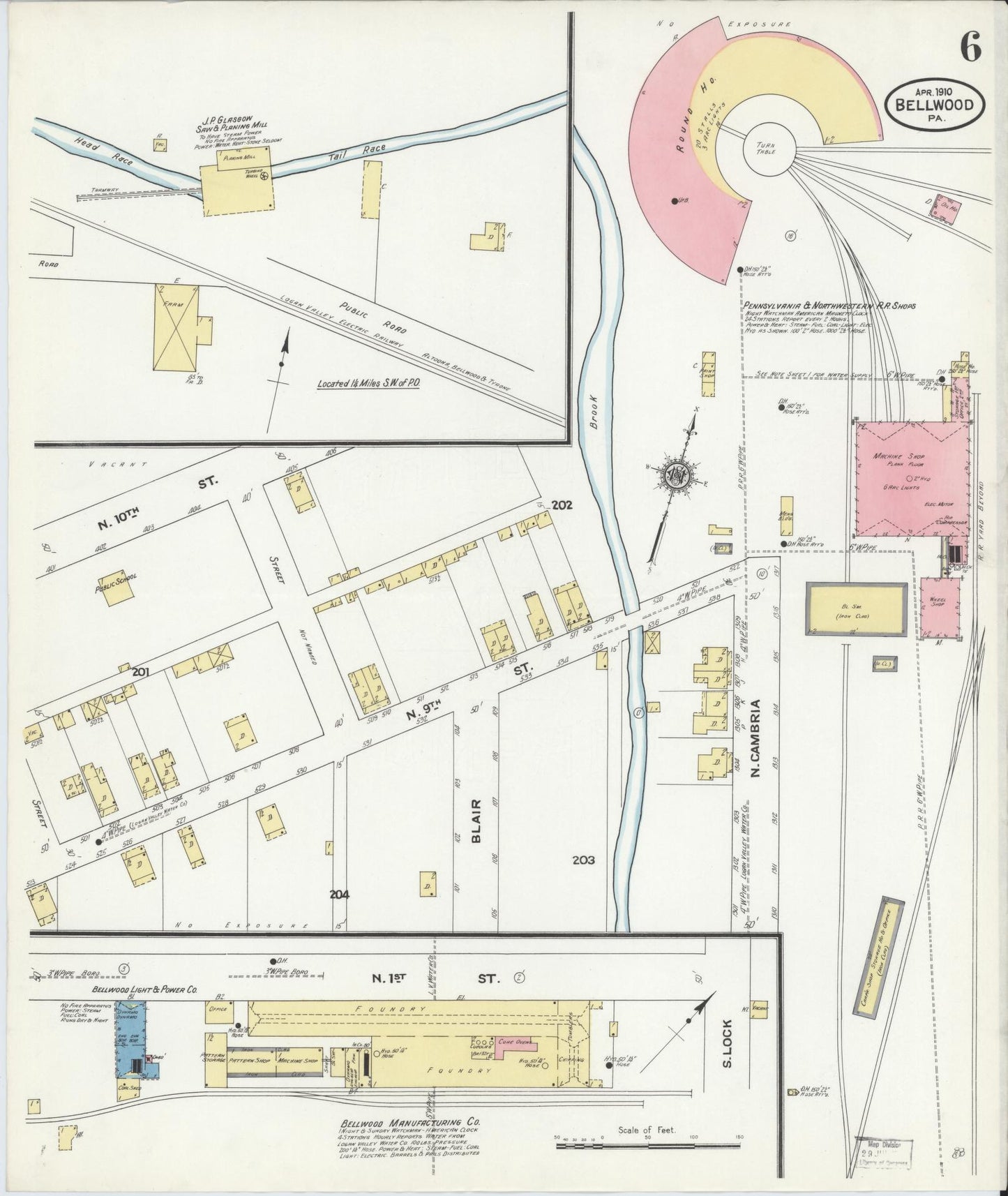 Sanborn Fire Insurance Map from Bellwood, Blair County, Pennsylvania (1910), Sheet #0006 - Historic Sanborn Fire Insurance Map Print, vintage old map wall art, antique decor, genealogy gift, Pennsylvania Pennsylvania map