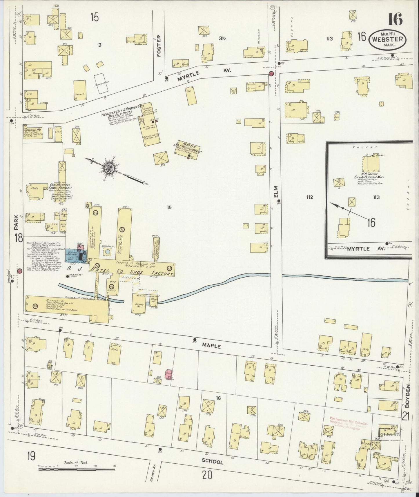 Sanborn Fire Insurance Map from Webster, Worcester County, Massachusetts (1911), Sheet #0016 - Complete Map Set gallery image, historic Sanborn map, vintage wall art, Massachusetts Massachusetts