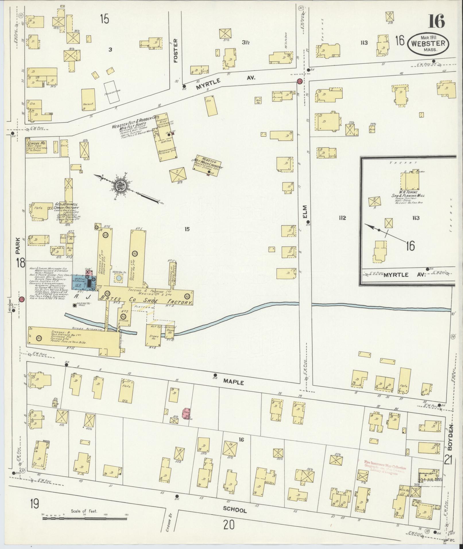 Sanborn Fire Insurance Map from Webster, Worcester County, Massachusetts (1911), Sheet #0016 - Complete Map Set gallery image, historic Sanborn map, vintage wall art, Massachusetts Massachusetts