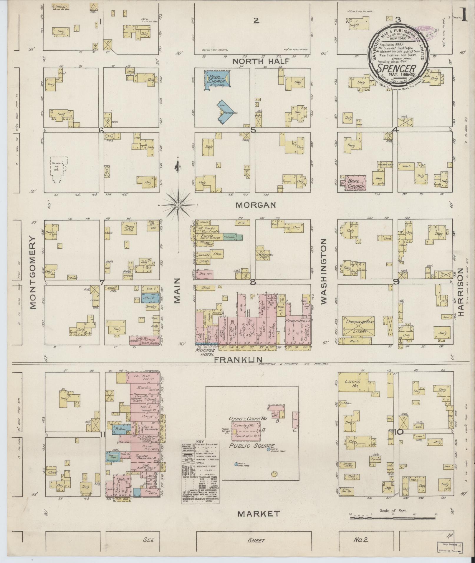 Sanborn Fire Insurance Map from Spencer, Owen County, Indiana (1886), Sheet #0001 - Complete Map Set gallery image, historic Sanborn map, vintage wall art, Indiana Indiana
