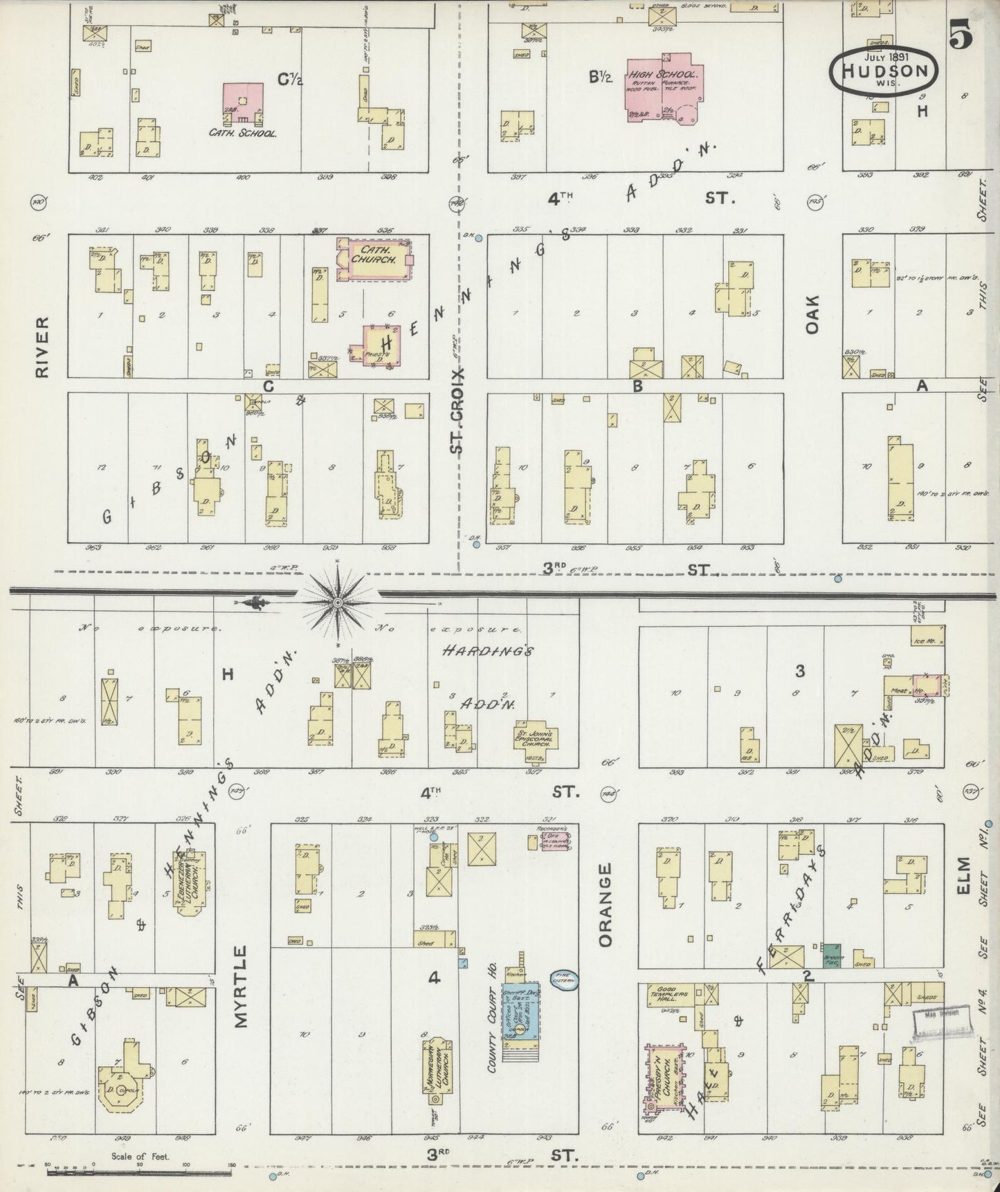 Sanborn Fire Insurance Map from Hudson, St. Croix County, Wisconsin (1891), Sheet #0005 - Historic Sanborn Fire Insurance Map Print, vintage old map wall art, antique decor, genealogy gift, Wisconsin Wisconsin map