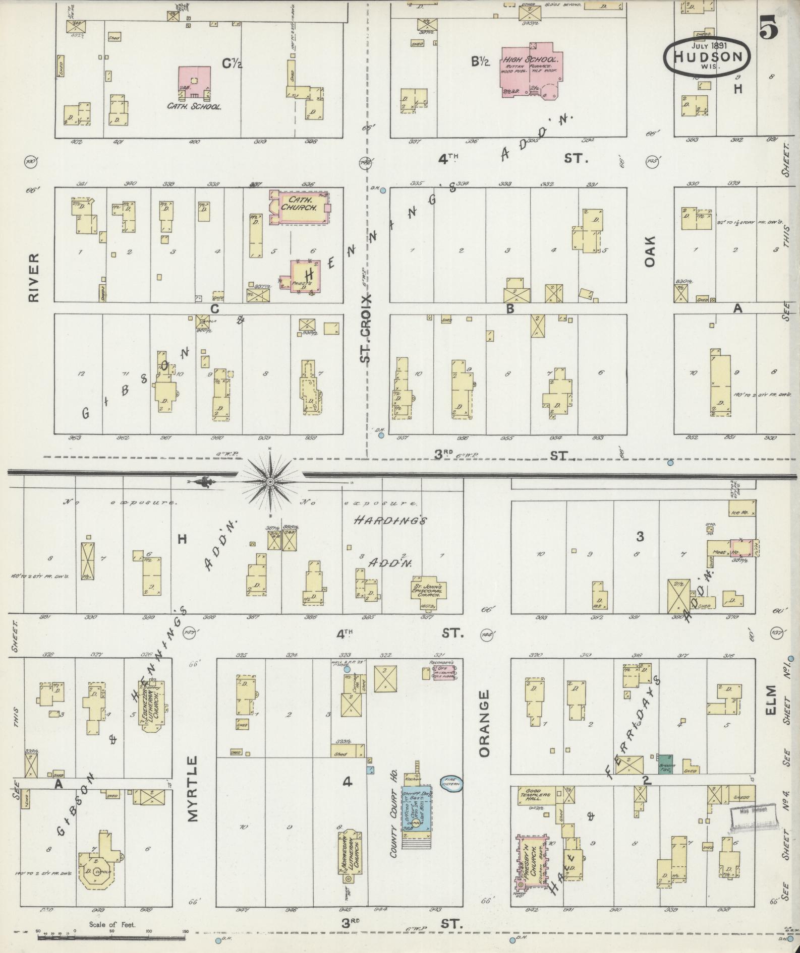 Sanborn Fire Insurance Map from Hudson, St. Croix County, Wisconsin (1891), Sheet #0005 - Historic Sanborn Fire Insurance Map Print, vintage old map wall art, antique decor, genealogy gift, Wisconsin Wisconsin map