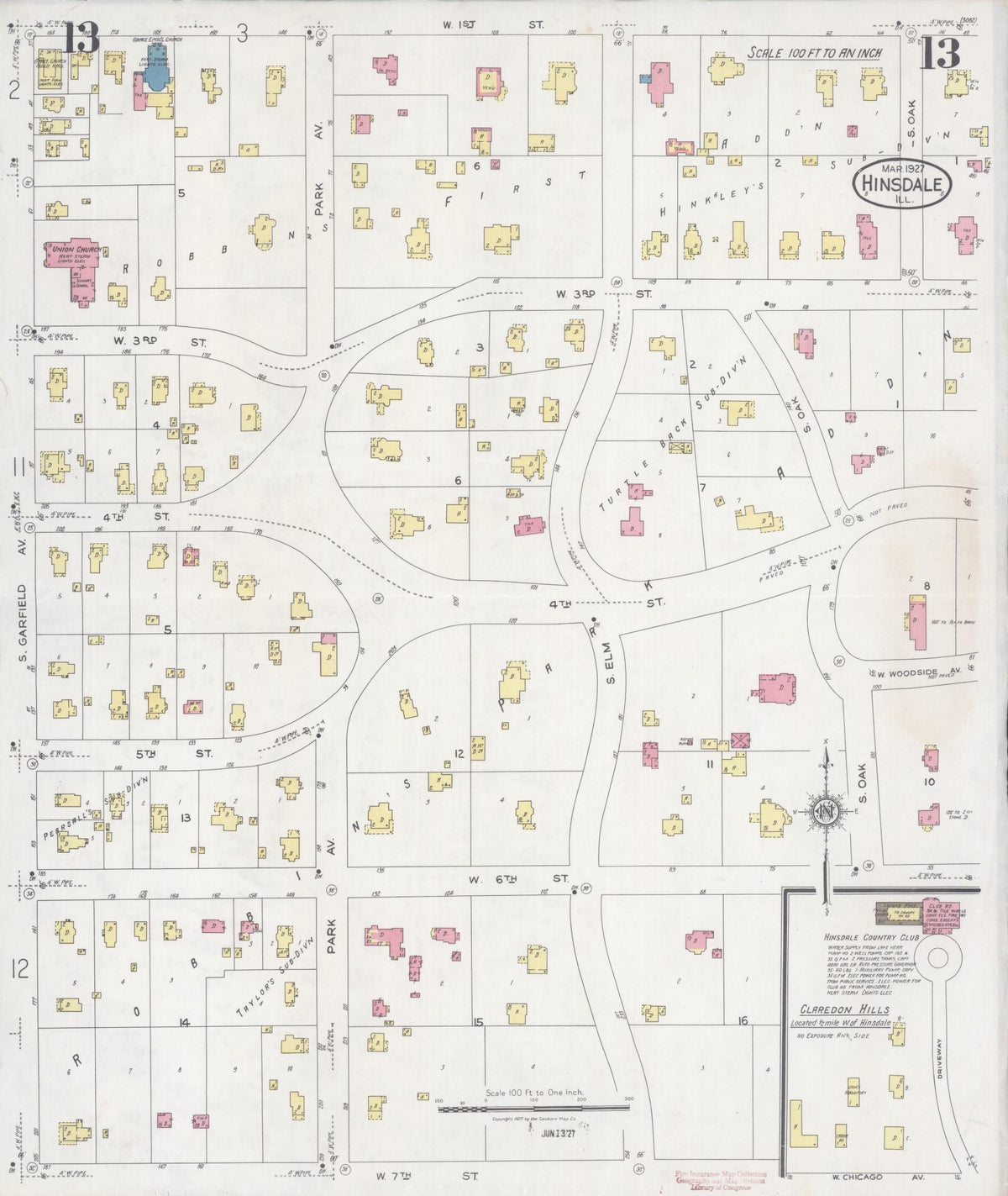 Sanborn Fire Insurance Map from Hinsdale, Du Page And Cook Counties, Illinois (1927), Sheet #0013 - Complete Map Set gallery image, historic Sanborn map, vintage wall art, Illinois Illinois