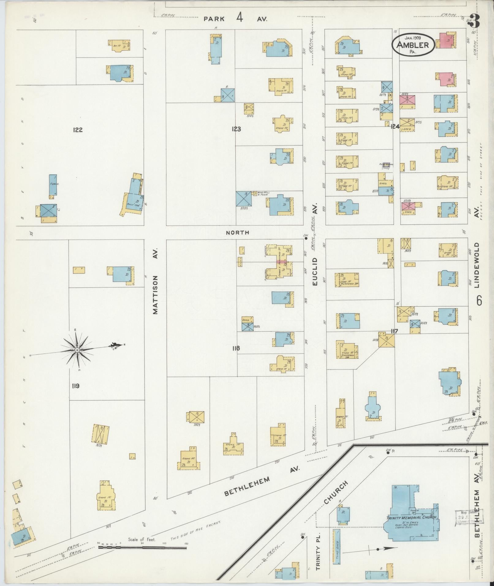 Sanborn Fire Insurance Map from Ambler, Montgomery County, Pennsylvania (1909), Sheet #0003 - Historic Sanborn Fire Insurance Map Print, vintage old map wall art, antique decor, genealogy gift, Pennsylvania Pennsylvania map
