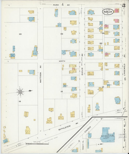 Sanborn Fire Insurance Map from Ambler, Montgomery County, Pennsylvania (1909), Sheet #0003 - Historic Sanborn Fire Insurance Map Print, vintage old map wall art, antique decor, genealogy gift, Pennsylvania Pennsylvania map