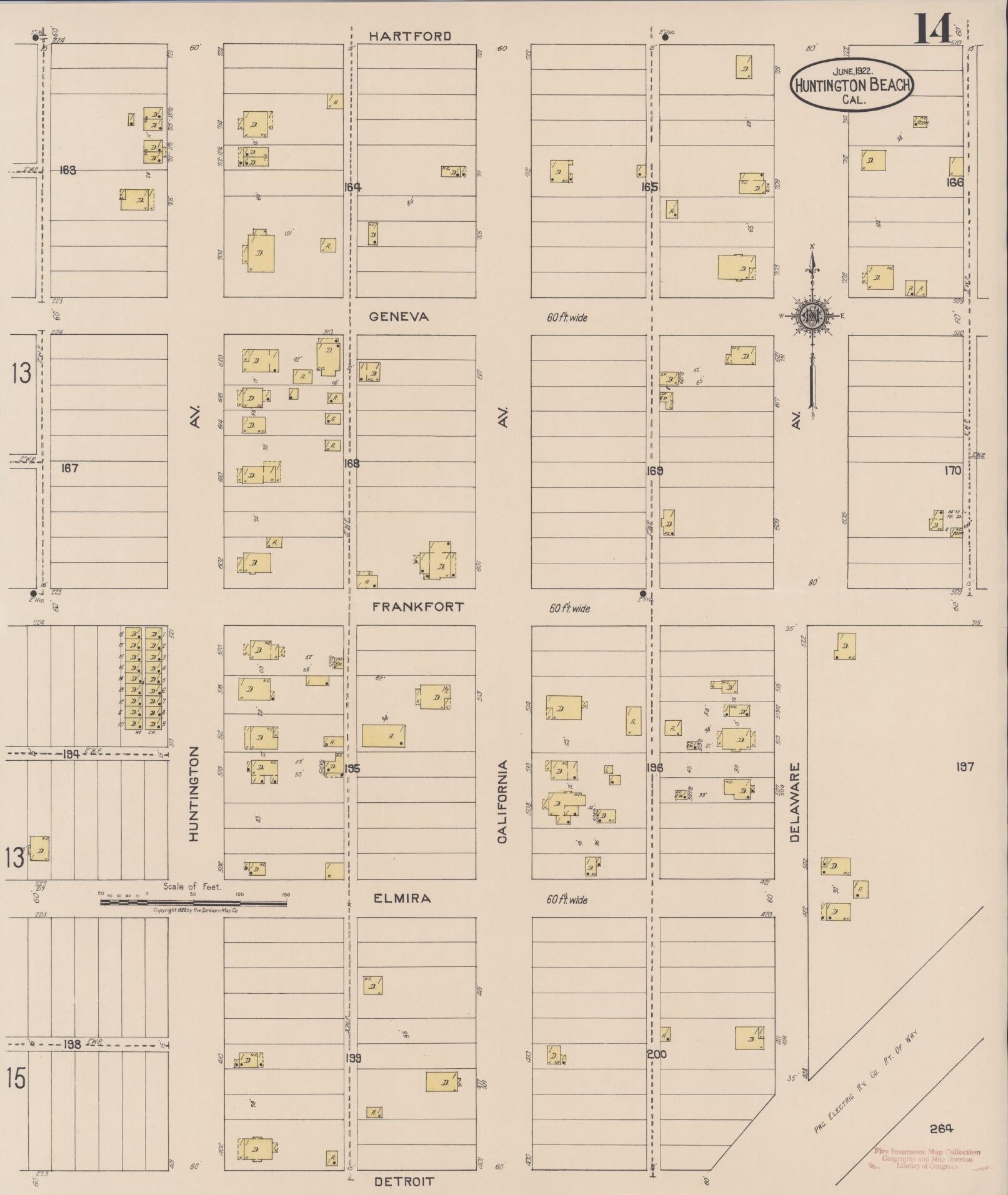 Sanborn Fire Insurance Map from Huntington Beach, Orange County, California (1922), Sheet #0014 - Historic Sanborn Fire Insurance Map Print, vintage old map wall art, antique decor, genealogy gift, California California map