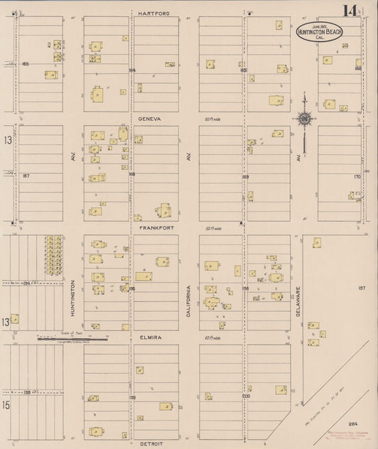 Sanborn Fire Insurance Map from Huntington Beach, Orange County, California (1922), Sheet #0014 - Historic Sanborn Fire Insurance Map Print, vintage old map wall art, antique decor, genealogy gift, California California map