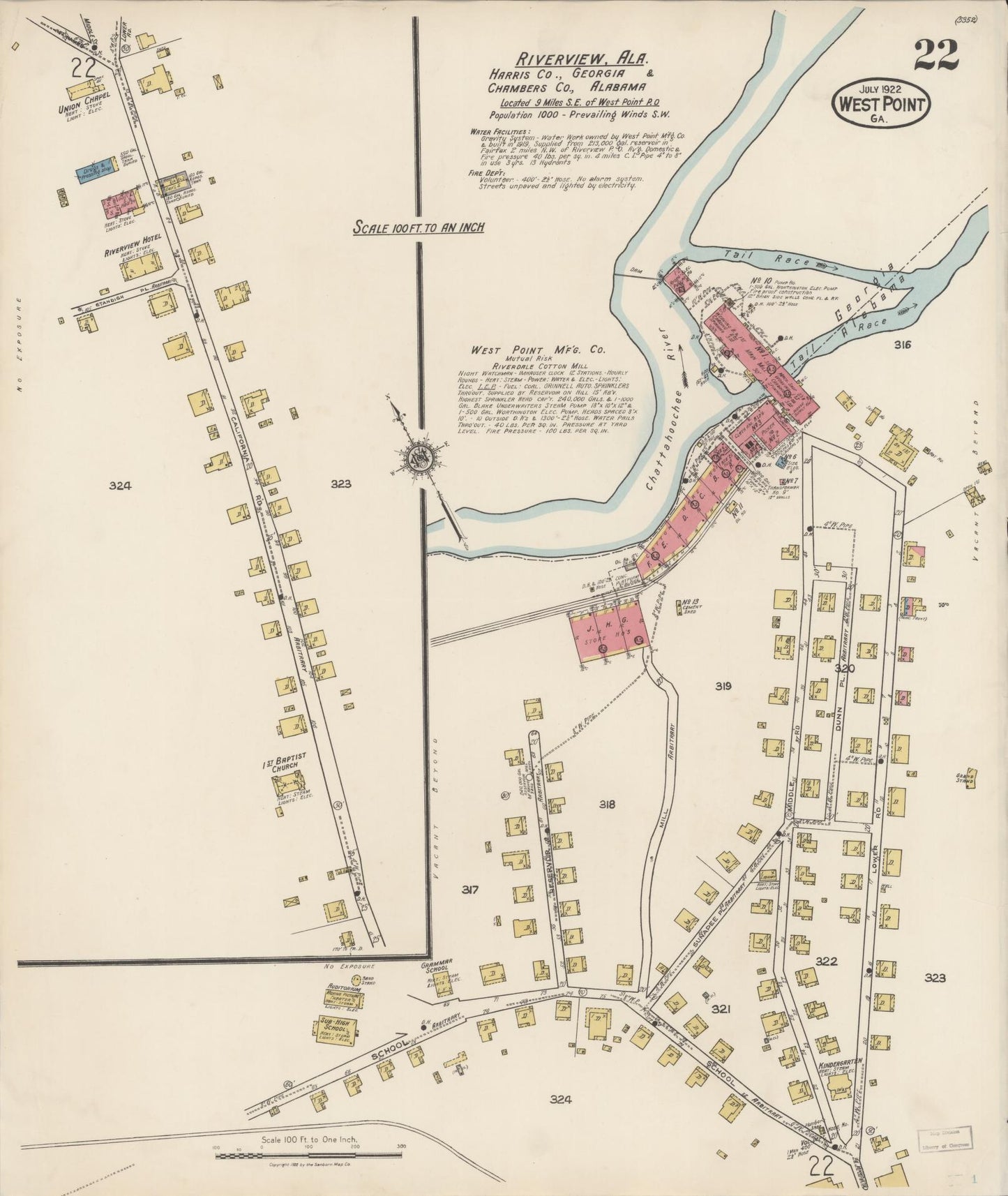 Sanborn Fire Insurance Map from West Point, Troup County, Georgia (1922), Sheet #0022 - Historic Sanborn Fire Insurance Map Print, vintage old map wall art, antique decor, genealogy gift, Alabama Alabama map