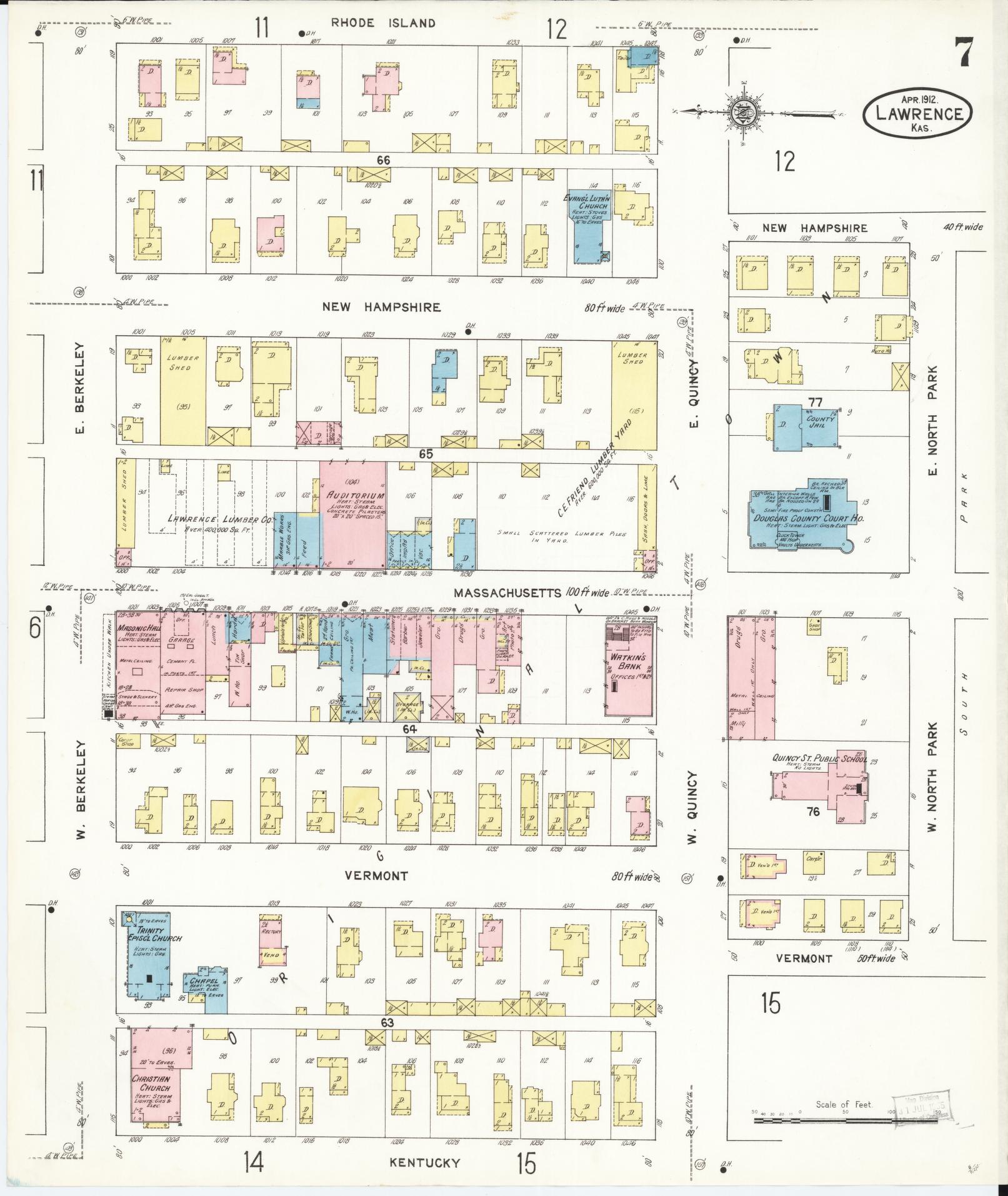 Sanborn Fire Insurance Map from Lawrence, Douglas County, Kansas (1912), Sheet #0007 - Historic Sanborn Fire Insurance Map Print, vintage old map wall art, antique decor, genealogy gift, Kansas Kansas map