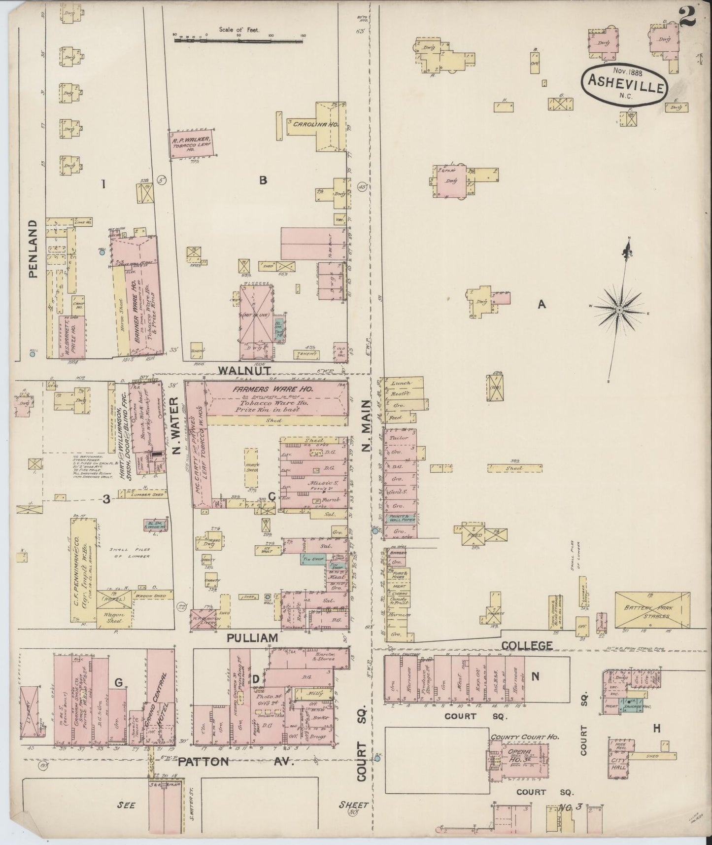 Sanborn Fire Insurance Map from Asheville, Buncombe County, North Carolina (1888), Sheet #0002 - Complete Map Set gallery image, historic Sanborn map, vintage wall art, North Carolina North Carolina