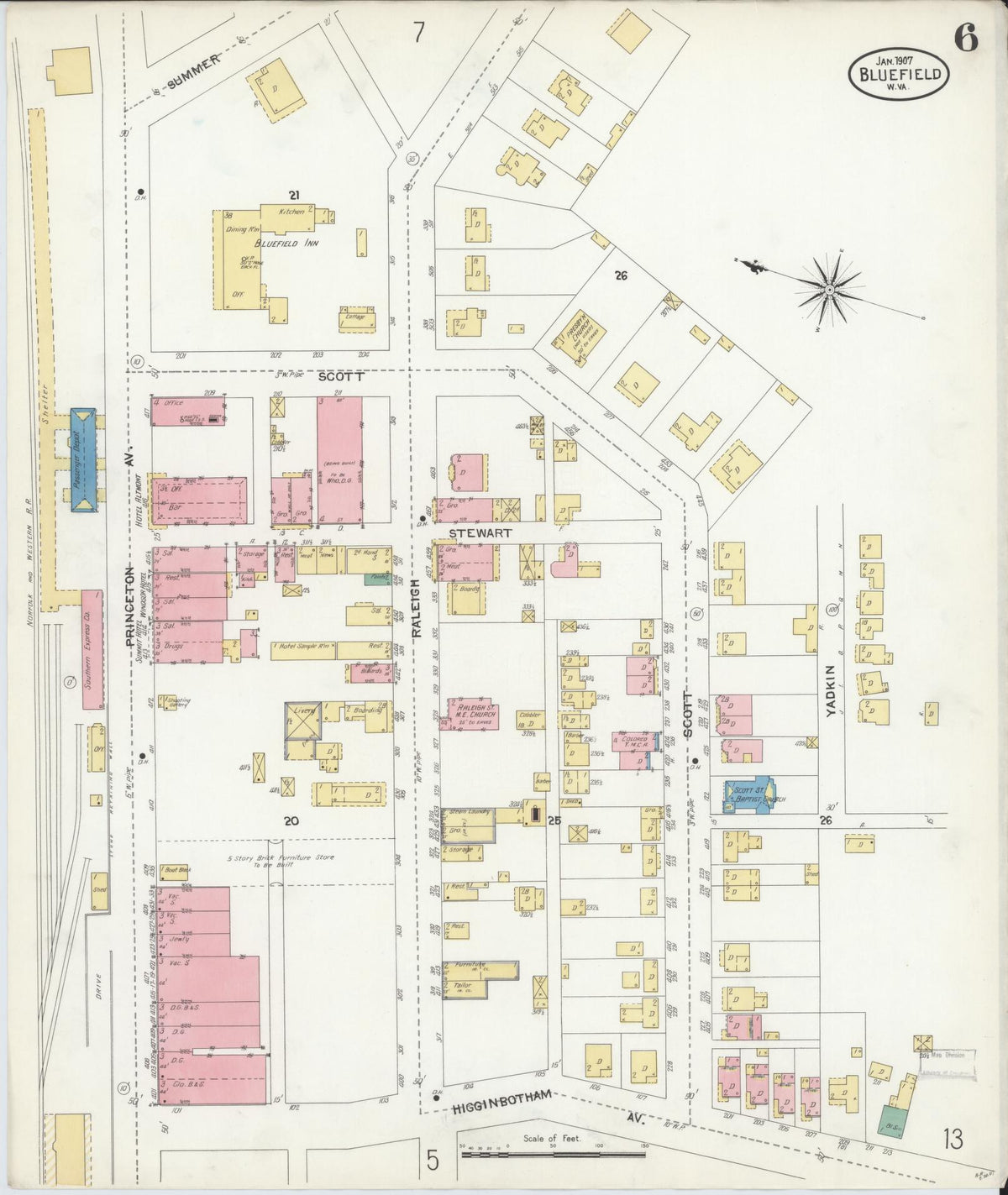 Sanborn Fire Insurance Map from Bluefield, Mercer County, West Virginia (1907), Sheet #0006 - Complete Map Set gallery image, historic Sanborn map, vintage wall art, West Virginia West Virginia